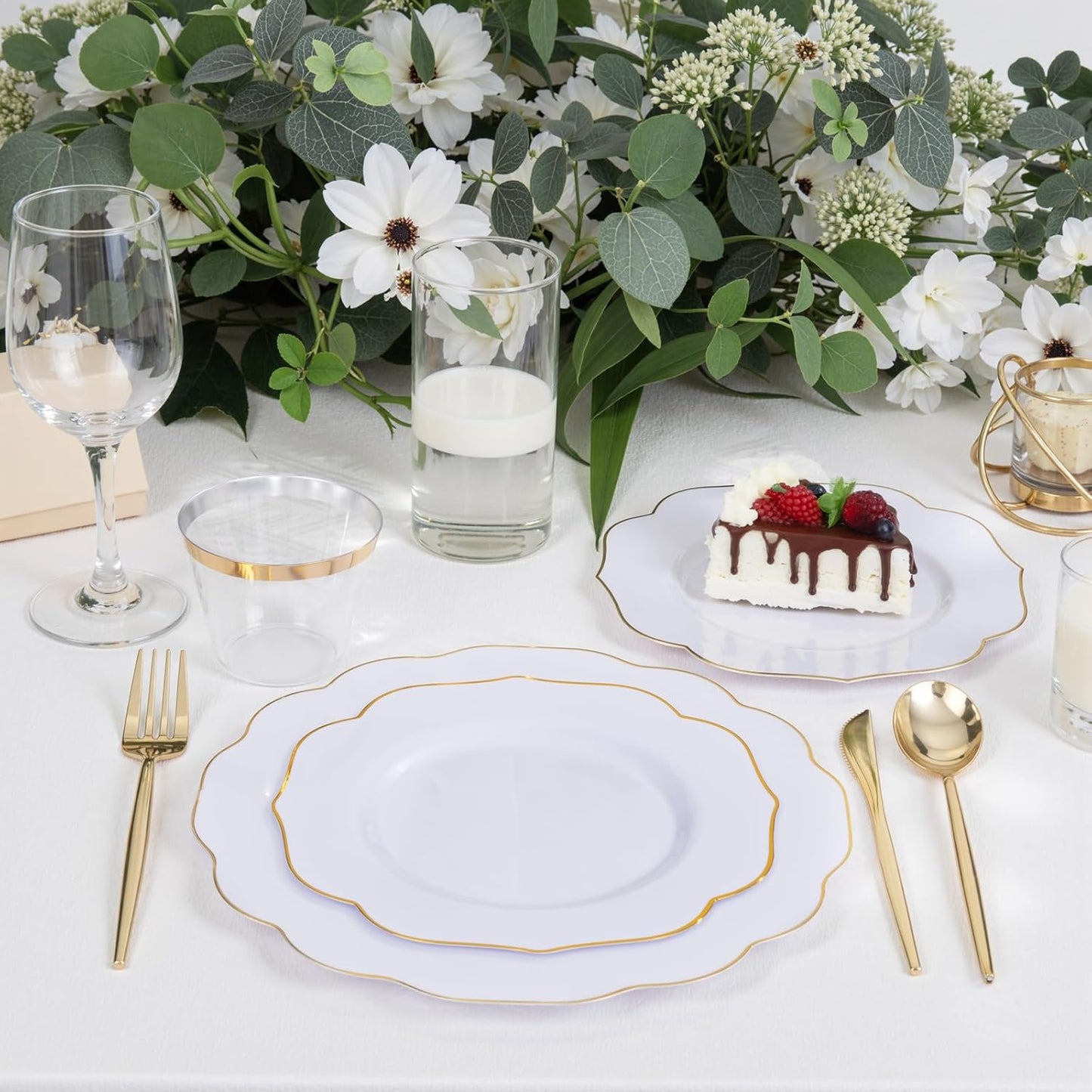 bUCLA 180PCS White and Gold Plastic Plates Disposable - White with Gold Rim Dinnerware Set Include 30 Guests Dinner & Dessert Plates, Cups, Cutlery Set for Wedding, Party & Thanksgiving Table Decor