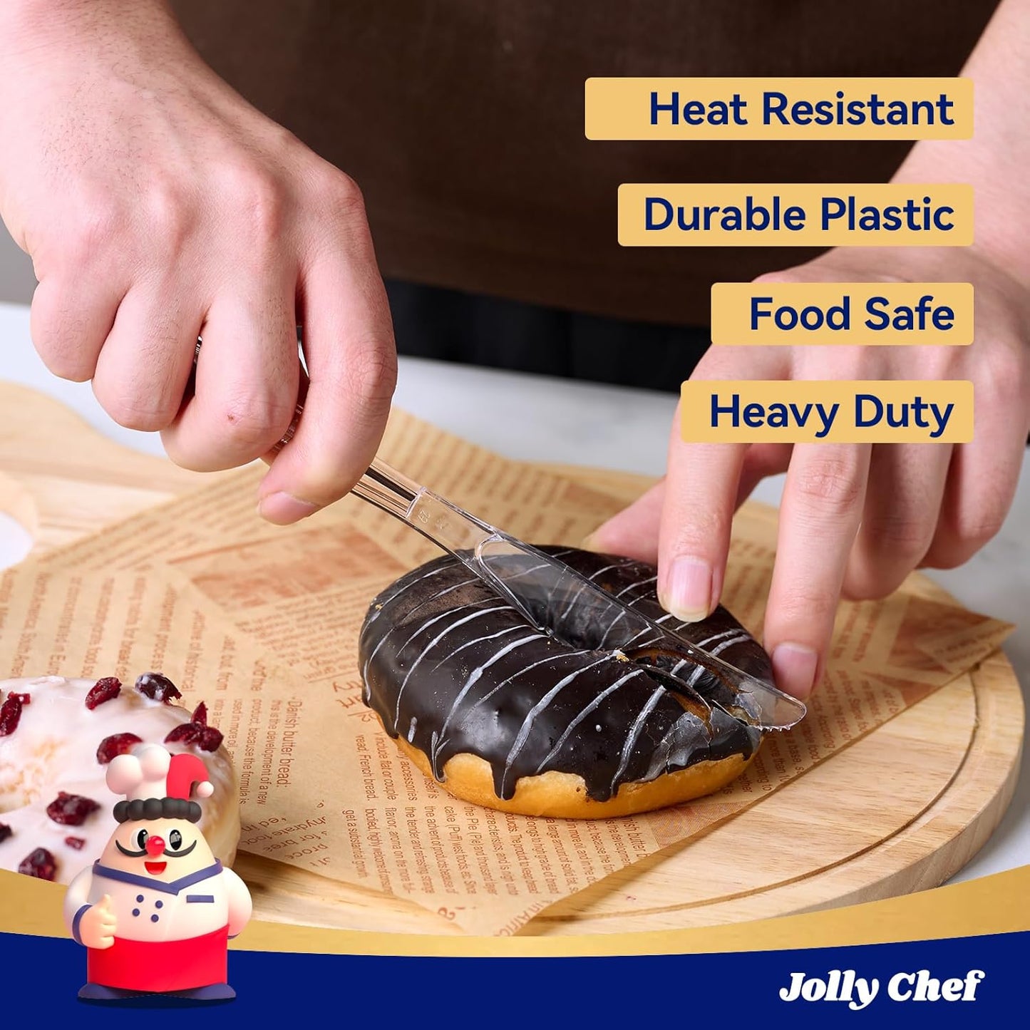 JOLLY CHEF 300 Count Clear Plastic Knives Heavy Duty, 7.7" Heat Resistant Solid and Durable Plastic Knives Disposable, Disposable Bulk Cutlery Suitable for Parties Supply Events Everyday Use