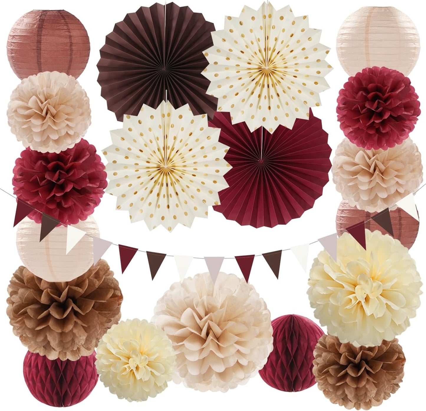 Burgundy Brown Beige Boho Party-Decorations - 20pcs Dusty Pink Fall Birthday Paper Lanterns Fans,Tissue Pom Poms,Honeycomb Balls,Autumn Wedding Bridal Shower Rustic Neutral Baby Decor Burgleda