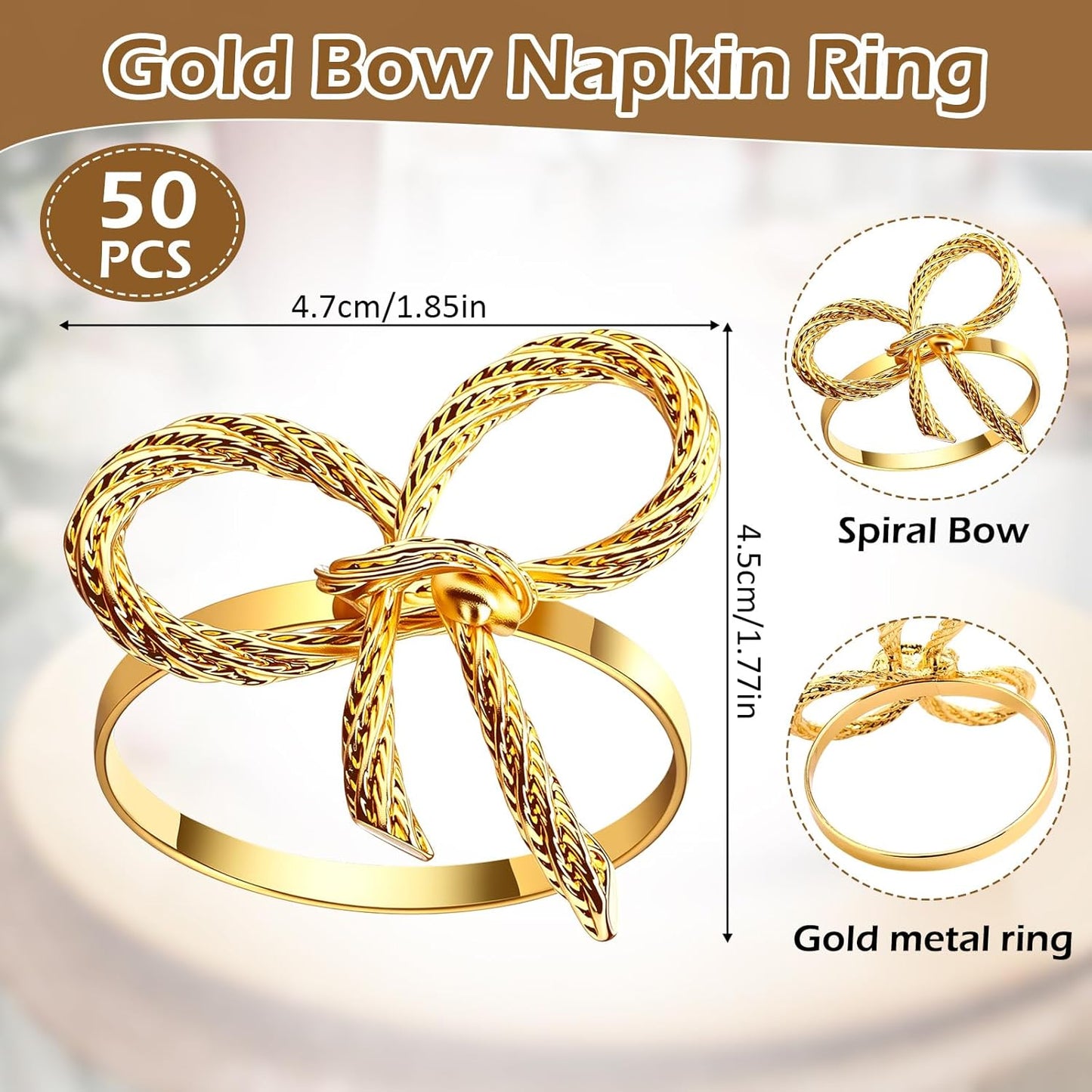 Bokon 50 Pcs Gold Napkin Rings Metal Napkin Holders Rings Bulk for Dining Anniversary Wedding Dinner Birthday Holiday Party Banquet Table Decoration (Bow Tie)