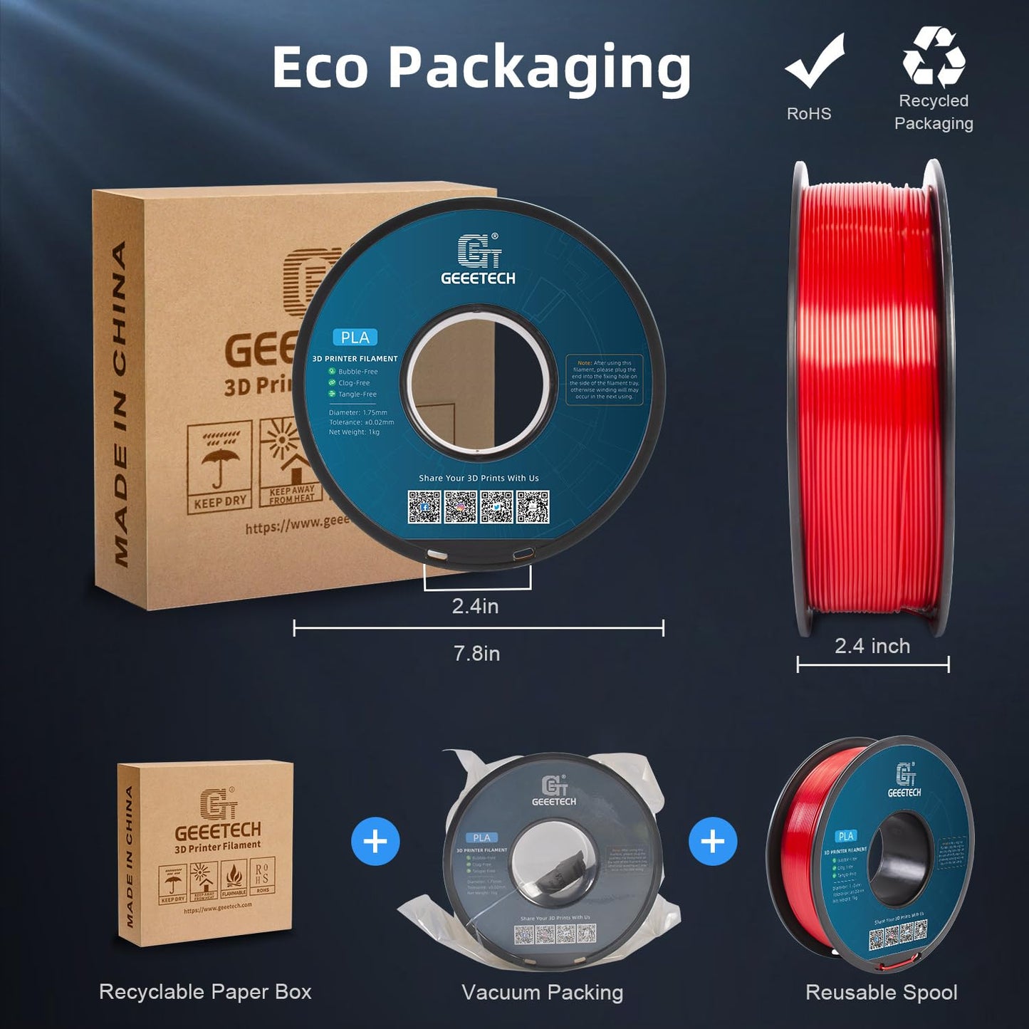 Geeetech Red PLA Filament 1.75mm 1KG, 3D Printer Filament Dimensional Accuracy +/- 0.02 mm, 1kg per Spool(2.2lbs) 3D Printing Filament Fits for Most FDM 3D Printers