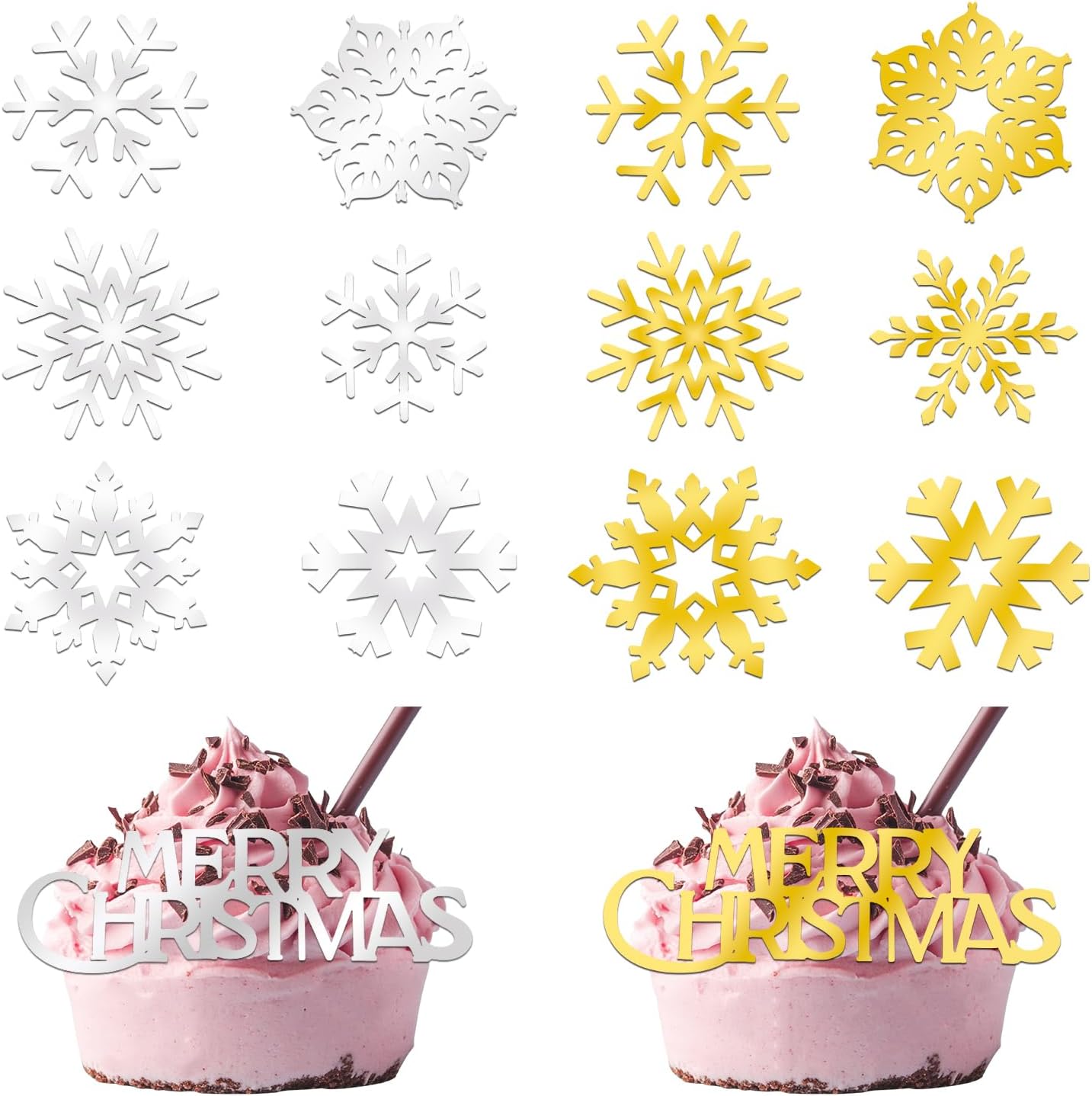 26 Pcs Merry Christmas Acrylic Cupcake Toppers Acrylic Mirror Snow Xmas Cupcake Picks New Year Party Cake Decorations