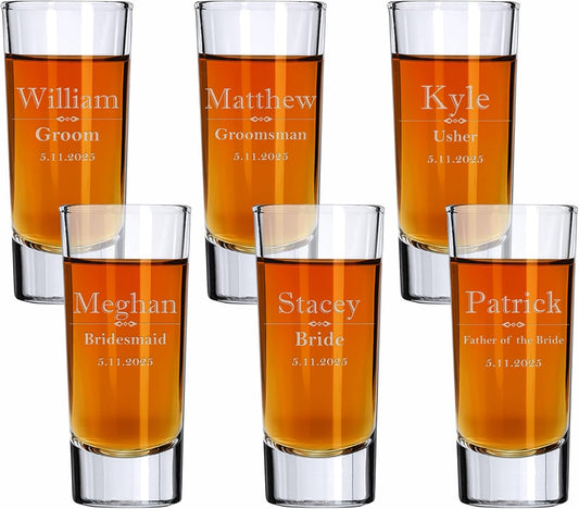 Custom Engraved Shot Glass – 2oz Tall Clear Glass – Personalized Gift for Wedding Party – Classic Etched Barware Keepsake for Groomsmen, Bridesmaids, and More (6)