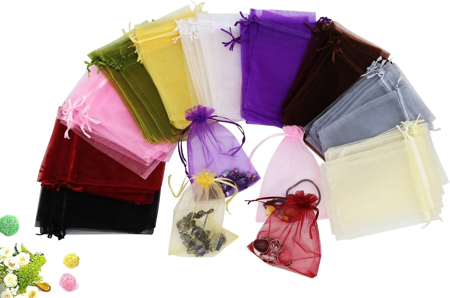 Wudygirl 100 PCS Drawstring Organza Bags 5X7 inches Jewelry Pouches Wedding Baby Shower Party Candy Favor Bags (100 pcs Mix, 5X7)