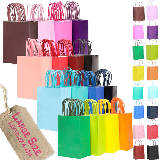 qiqee 100Pcs Paper Gift Bags with Handles 16 Different Senior Color Bags Multiple Uses（13"x10.3"x4.6",Large Size）