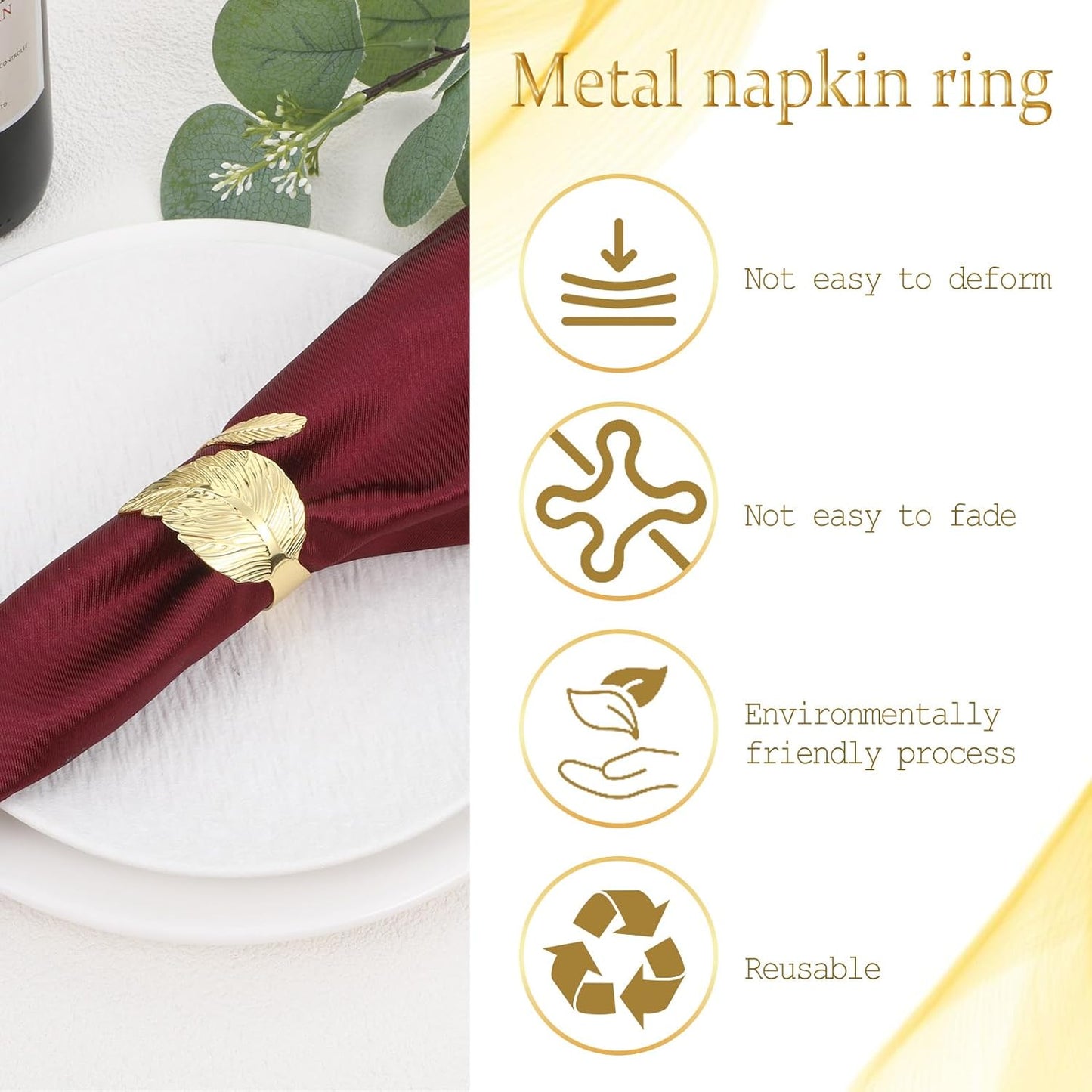 30 Pcs Gold Napkin Rings, Shiny Metal Napkin Rings Bulk Study Leaf Shaped Table Decor Elegant Metal Napkins Holders for Weddings Parties Christmas Table Decor
