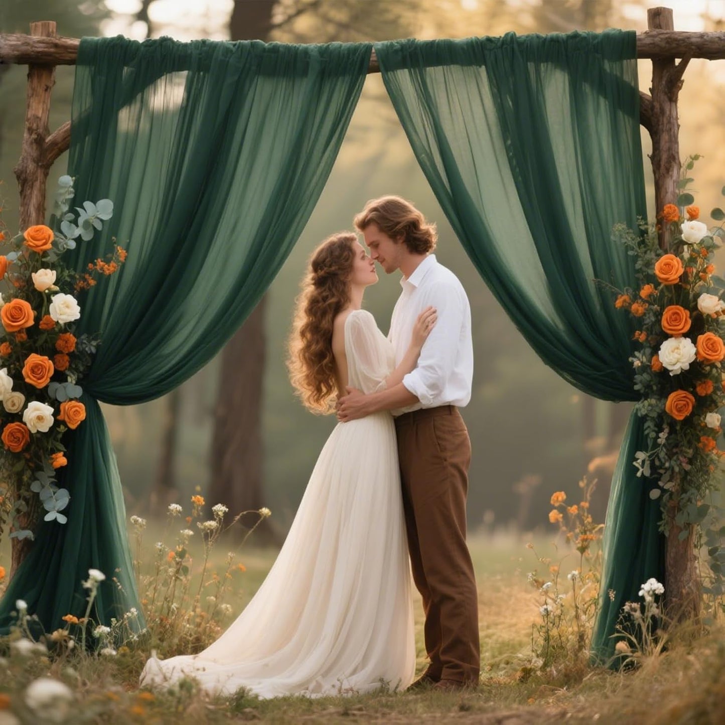 VOK Dark Green Wedding Arch Draping Fabric Chiffon Fabric, 29in x 18Ft 2 Panels Sheer Chiffon Outdoor Curtain for Wedding Ceremony Birthday Party Decoration (Dark Green,2 Panel)