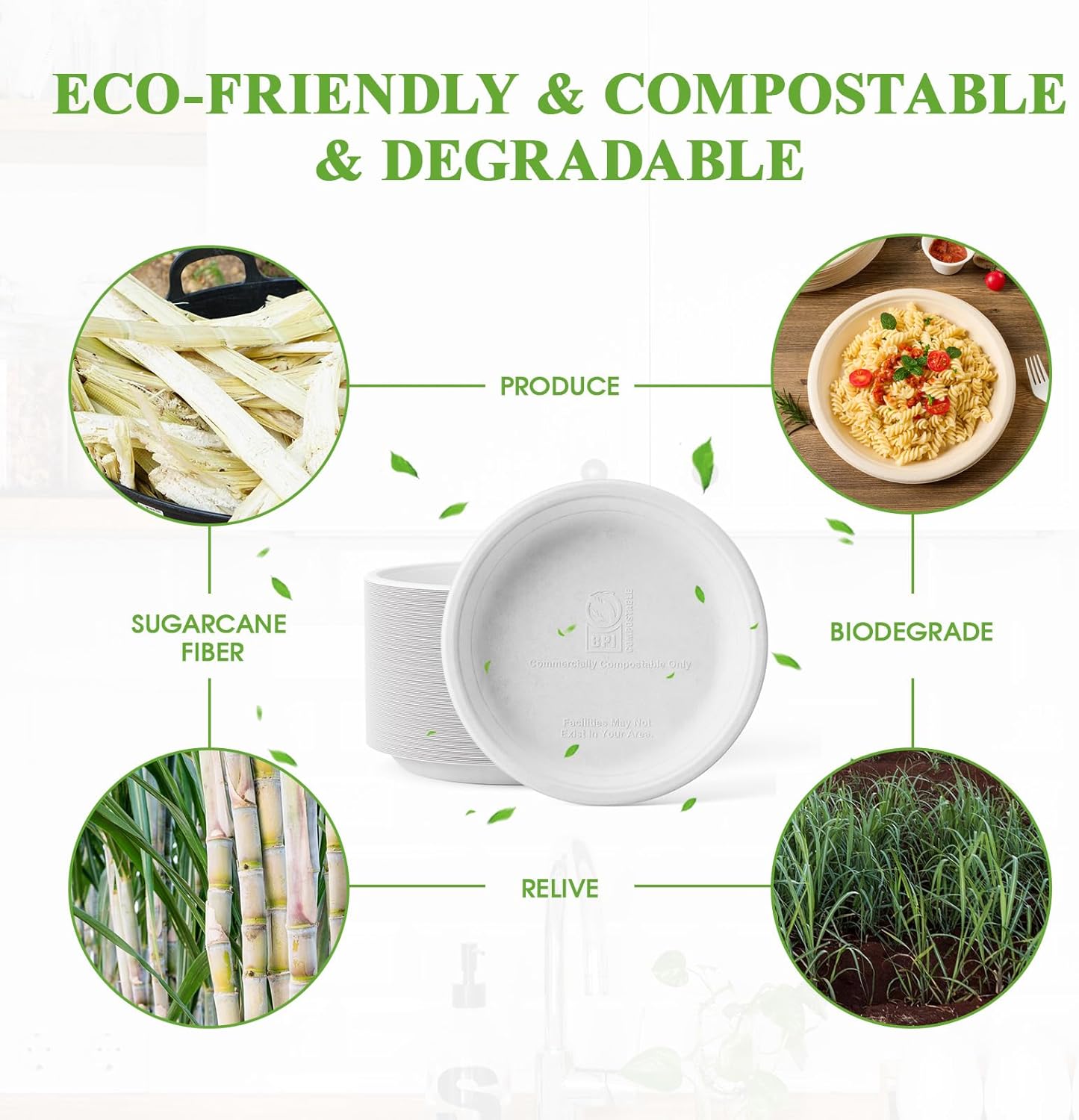 ECOLipak 125 Pack Paper Plates 9 inch 100% Compostable Heavy-Duty Dinner Plates Disposable Bagasse Deep Dish Natural Biodegradable Eco-Friendly Sugarcane(White)
