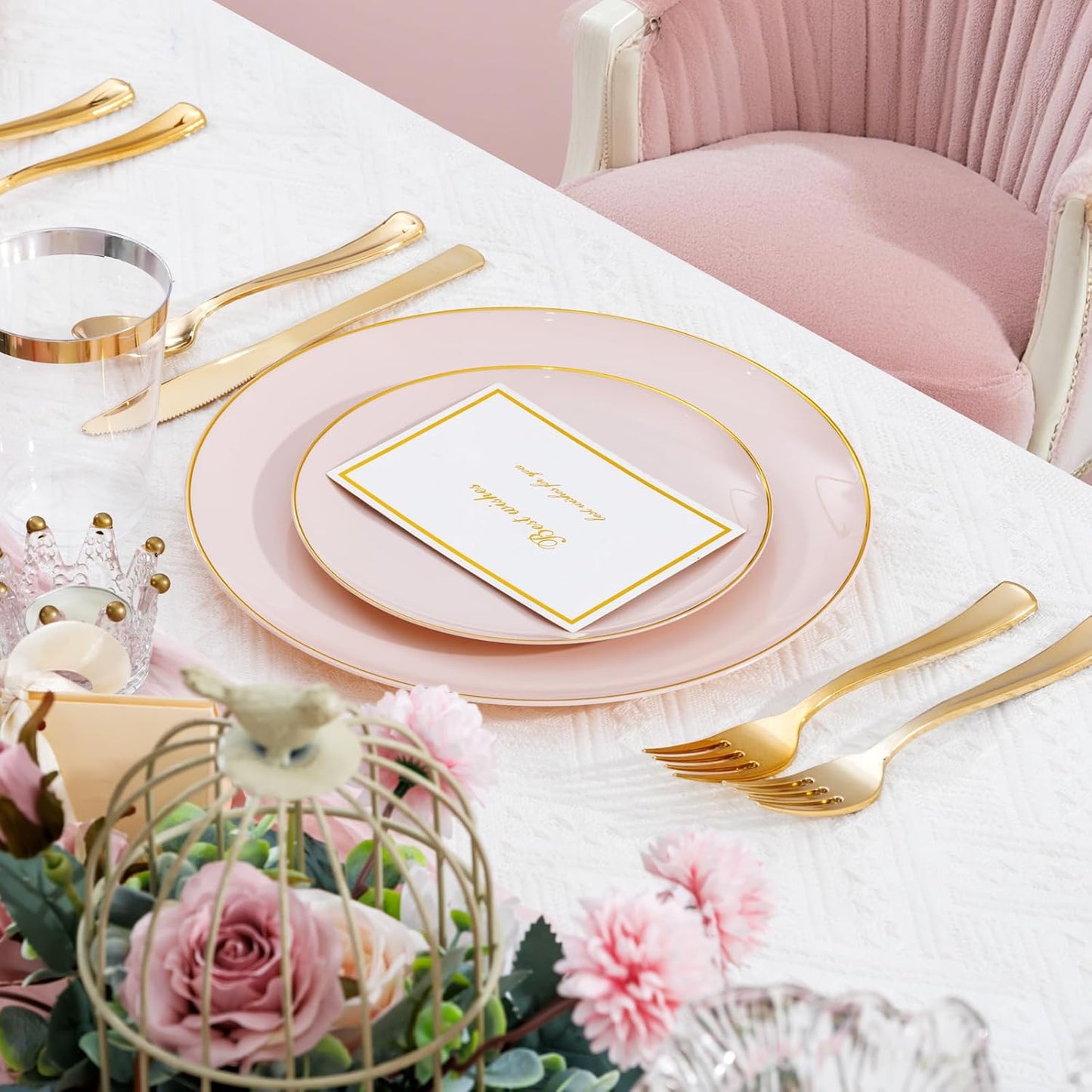 Supernal 350pcs Pink Plastic Plates,Plates Disposable Heavy Duty,Pink Disposable Plastic Dinnerware Set Include 50 Dinner Plate,50 Dessert Plate,50 Gold Cutlery,50 Cups&50 Napkins for Party&Wedding