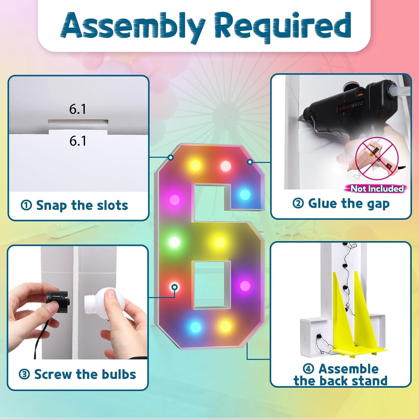 imprsv 4FT Colorful Marquee Numbers,18 Colors Number 6 with Remote, Light Up Numbers Sign for 60th Birthday Decorations Anniversary Party Decor, Pre-Cut Foam Board Kit, Mosaic Sign for Balloon