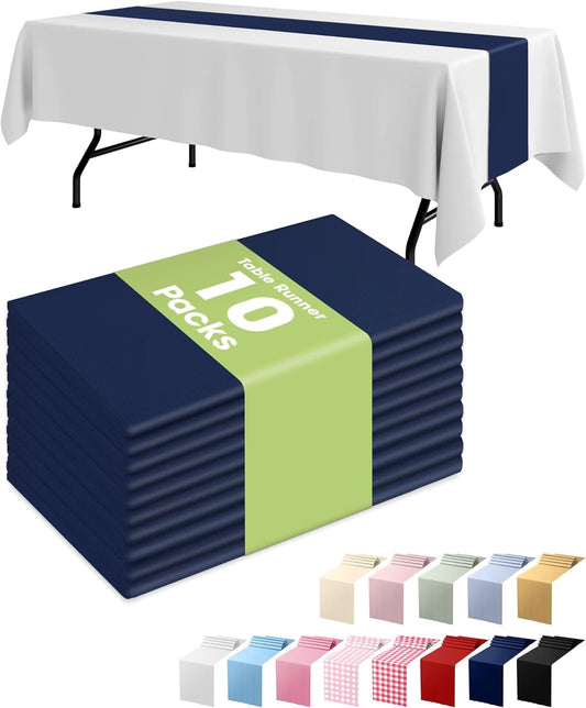 Pureegg Navy Blue Plastic Table Runners - 10 Pack, 14'' x 108'', Water Resistant & Disposable Centerpiece Decorations for Table Cloth, Wedding, Birthday, Holiday, Baby Shower, Party, Home Decor