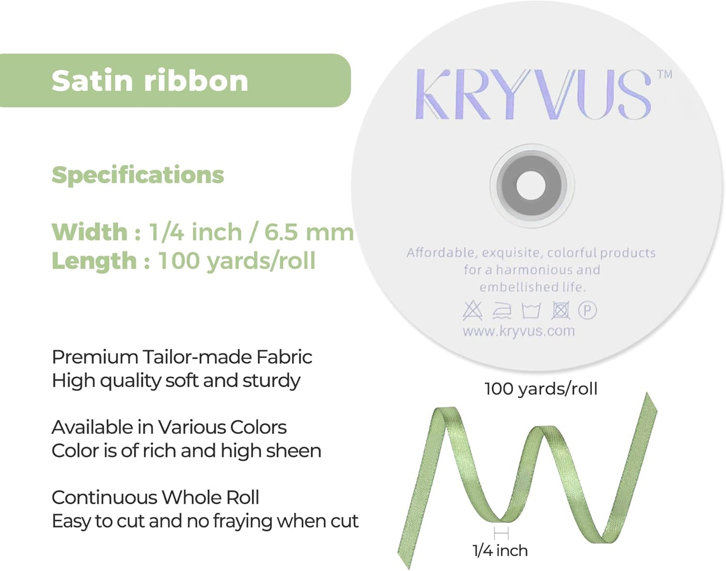 Sage Green Satin Ribbon 1/4 inch X Continuous 100 Yards, Single Face Polyester Ribbon Perfect for Gift Wrapping, Flower Bouquet, Wedding Decor, Crafts, Bow Making, Sewing and More