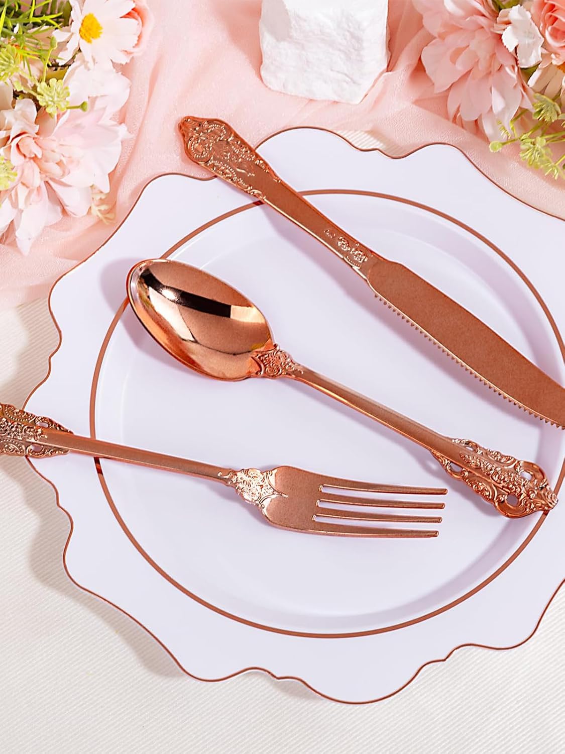 WDF 120Pieces Rose Gold Plastic Silverware - Heavy Duty Rose Gold Plastic Cutlery Set - Disposable Rose Gold Utensils - Rose Gold Flatware Includes 40 Forks, 40 Spoons, 40 Knives for Wedding