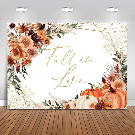 Mocsicka Fall in Love Bridal Shower Backdrop Boho Autumn Leaves Pumpkin Bride Shower Background Terracotta Flower Pampas Grass Wedding Party Banner Decoration (White, 10x8ft(120''x96''))