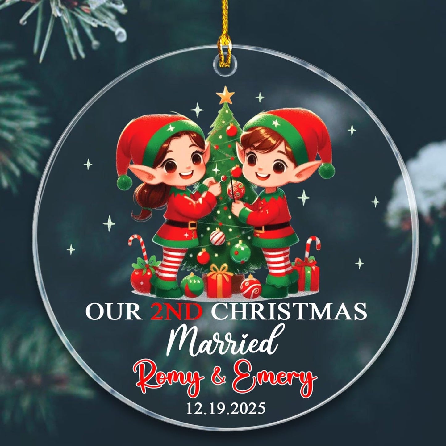 Customized Our 2ND Christmas Married Ornaments with Name & Date, Mr & Mrs Elf Married Ornament Gift for Wedding Anniversary, Personalized Mr & Mrs Elf Together Xmas Keepsake Ornament for Husband Wife