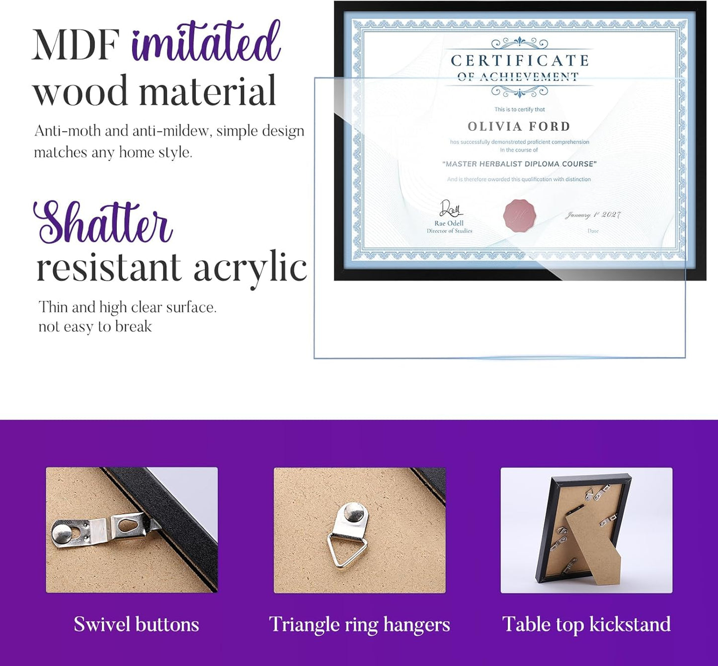 TWING 8.5 x 11 Picture Frame For Certificate, Diploma, Composite Wood Display photos 6x8 with Mat or 8.5x11 Without Mat, Black Document Picture Frames Collage for Wall Decor or Tabletop 6 Pack