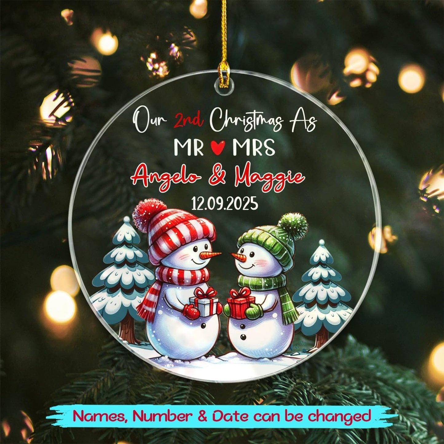 Our 2ND Christmas As Mr & Mrs Ornaments Gift for Boyfriends Girlfriend, Personalized Date/Name Mr & Mrs Snowman Together Christmas Ornament 2025, Customized Couple Snowman Ornament for Anniversary