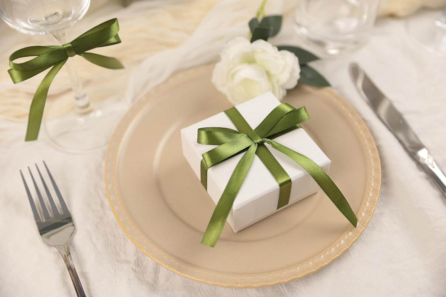 Olive Green Satin Ribbon 3/8 inch X Continuous 25 Yards, Single Face Polyester Ribbon Perfect for Gift Wrapping, Flower Bouquet, Wedding Decor, Crafts, Bow Making, Sewing and More