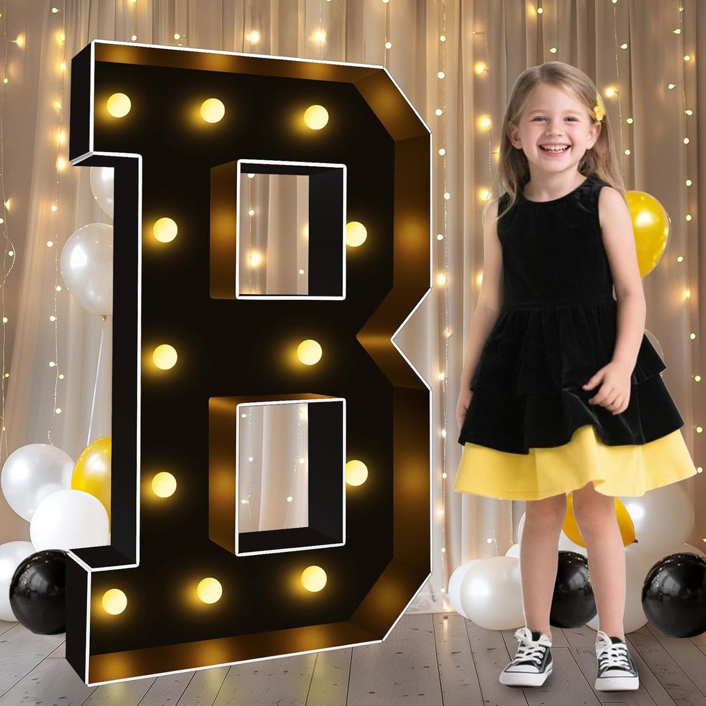 Pooqla 3 FT Marquee Light Up Letters, Black Marquee Letter Lights 3 Feet Tall, Giant LED Sign Big Mosaic Letters for Balloons Birthday Party Anniversary Wedding Decorations, Warm White B