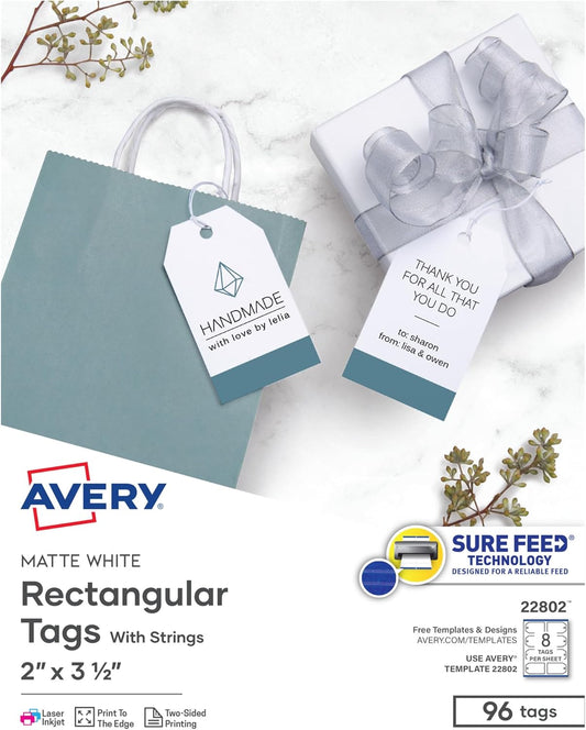 Avery Blank Printable Tags, Sure Feed Technology, 2" x 3.5", White, 96 Customizable Tags, String Included, Great for Branding, Gifts, Merchandising, and More (22802)