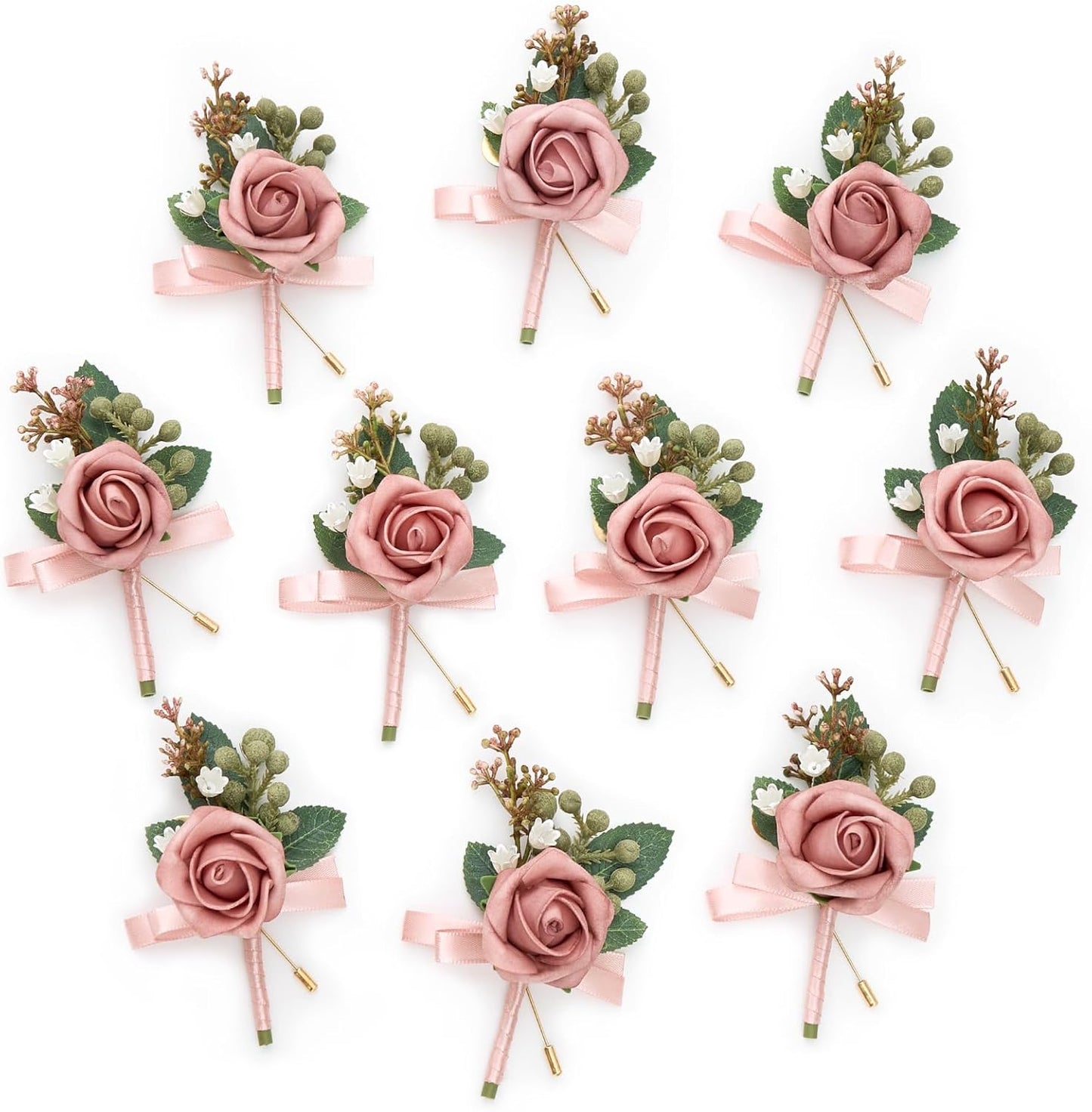 Serwalin 10Pcs Boutonniere for Men, Pink Groom and Best Man Boutonniere, Artificial Flowers for Wedding Decor, Prom, Homecoming, Ceremony Anniversary, Formal Dinner Party