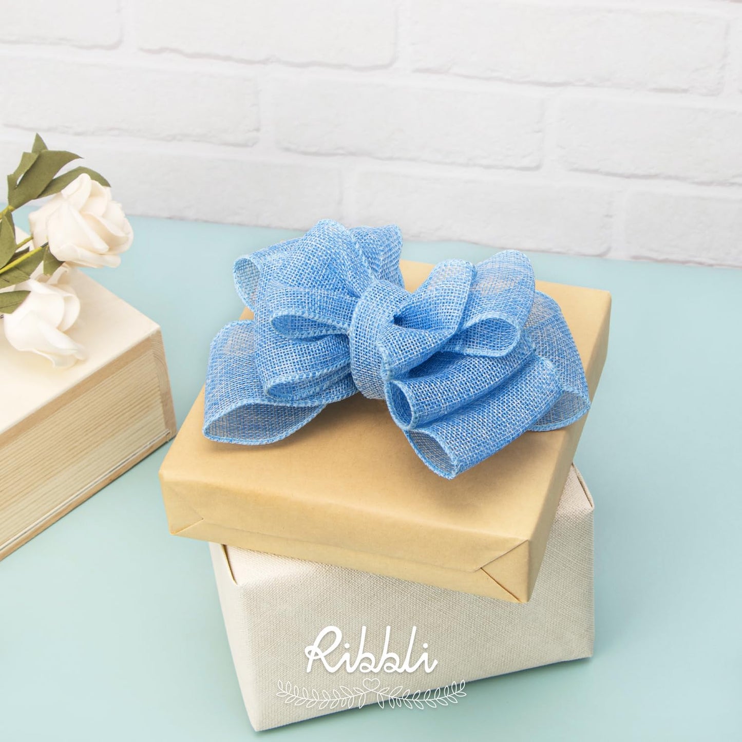 Ribbli Baby Blue Burlap Wired Ribbon, 2-1/2” Inch x Continuous 20 Yard, Wired Edge Ribbon for Wreaths,Big Bows,Tree Decoration,Outdoor Decoration