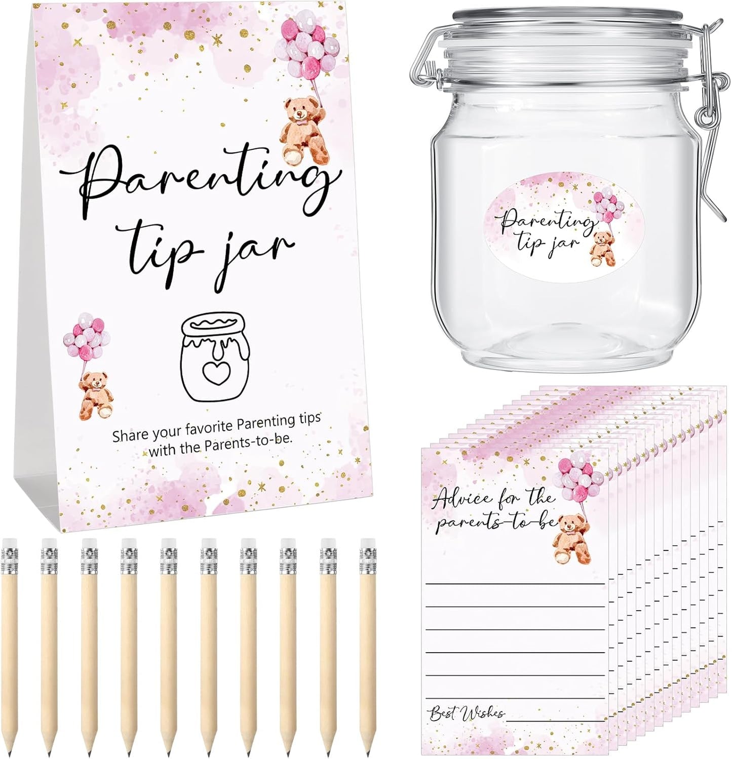 Roowest Baby Shower to Baby Advice Cards for New Parents to Be - Tip Jar Sign for New Parents 60 Parenting Advice Cards 10 HB Pencils 2 Cute Stickers 1 Pet Bottle for Guests Games(Pink Bear)