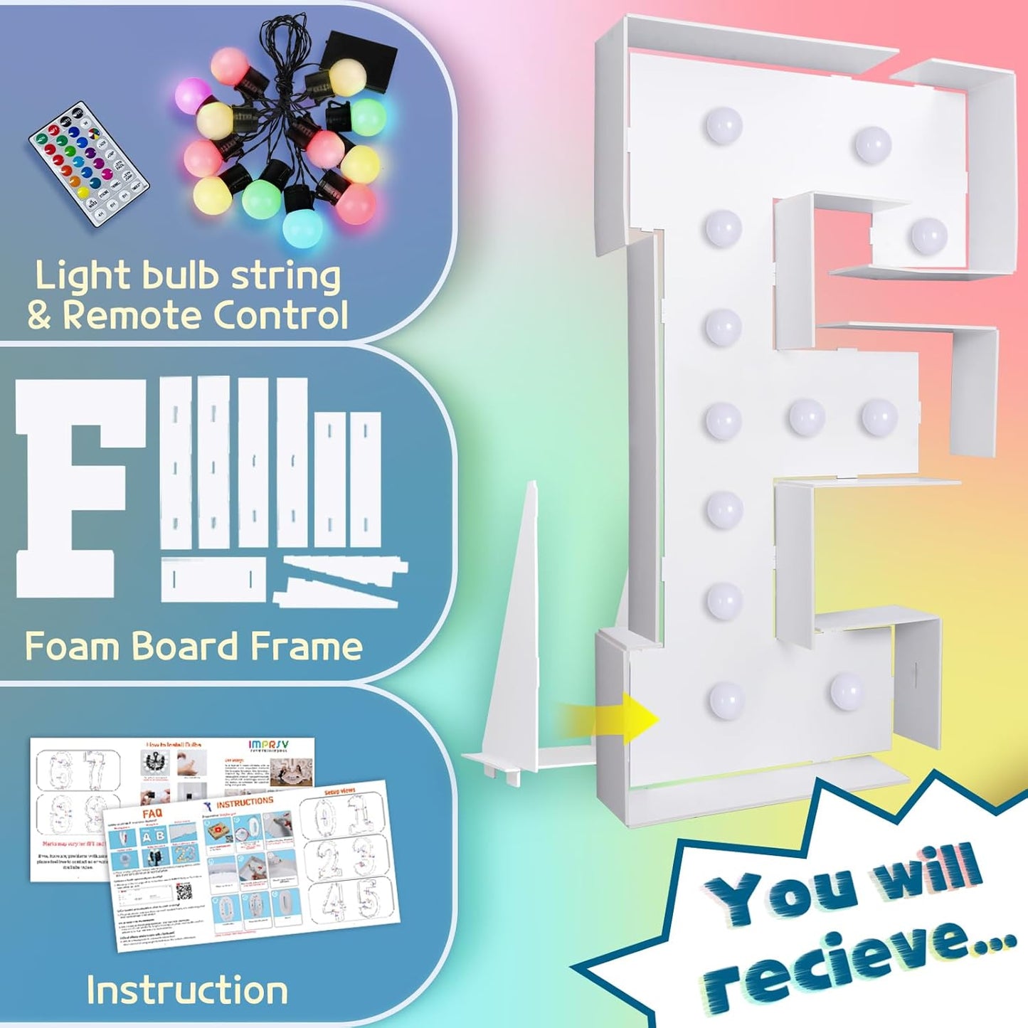 imprsv 4FT Colorful Marquee Light Up Letters F, 18 Colors Light Up Letters Alphabet Sign with Remote, One Letters First Birthday, Large Letters for Birthday Engagement Anniversary Wedding Party Decor