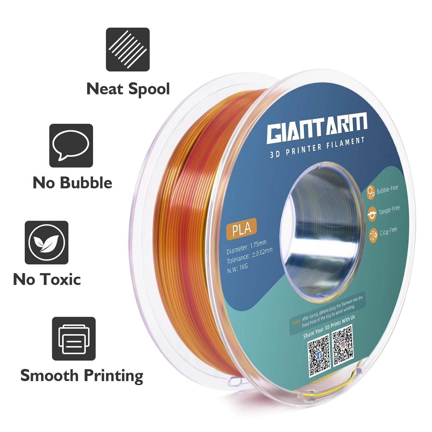 GIANTARM Tri-Colors Silk Pla Filament, 3D Printer Filament 1.75mm +/-0.02mm, 1Kg (2.2lbs) Spool, Vacuum Packaging (Red+Yellow+Blue)