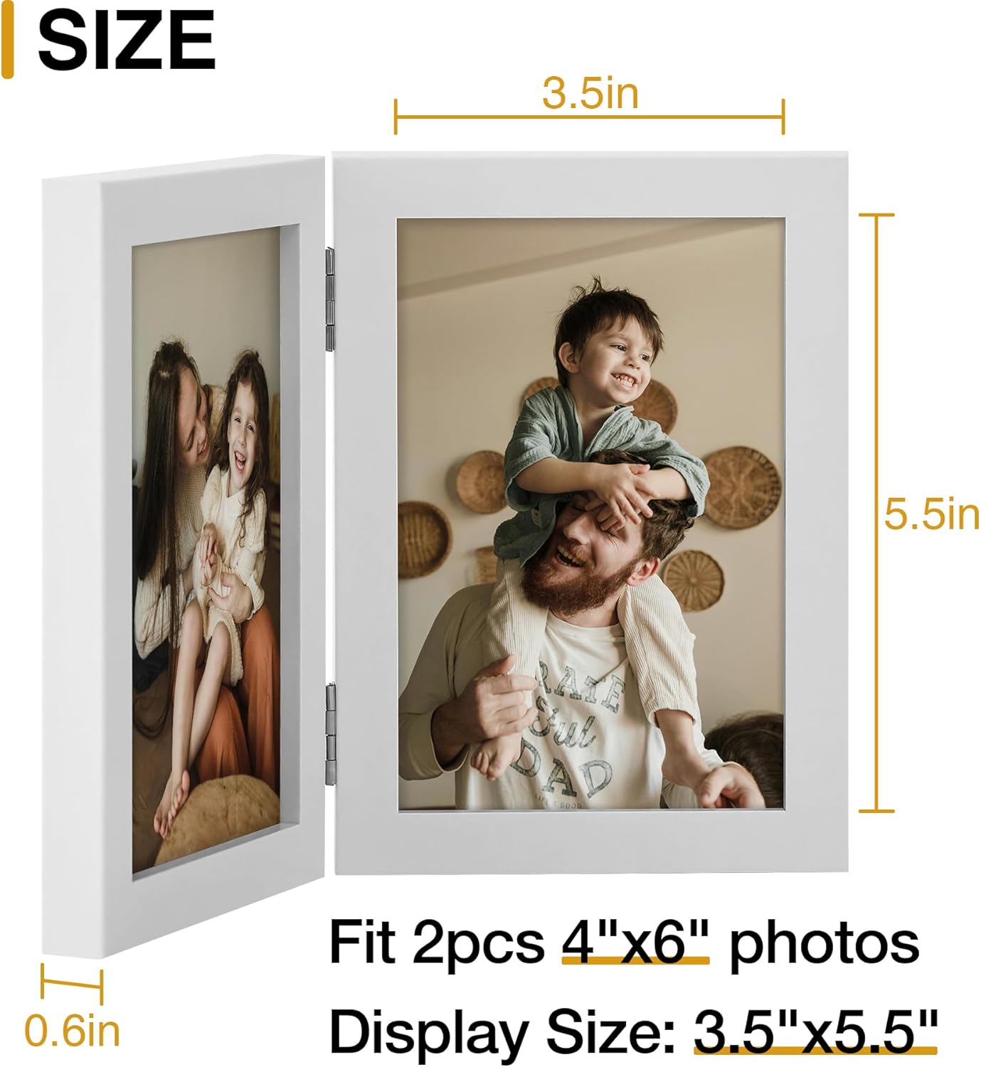 decorUhome Double 4x6 Picture Frame Vertical, Engineered Wood Bifold Photo Frame with Plexiglass for Tabletop Display, 4x6, White