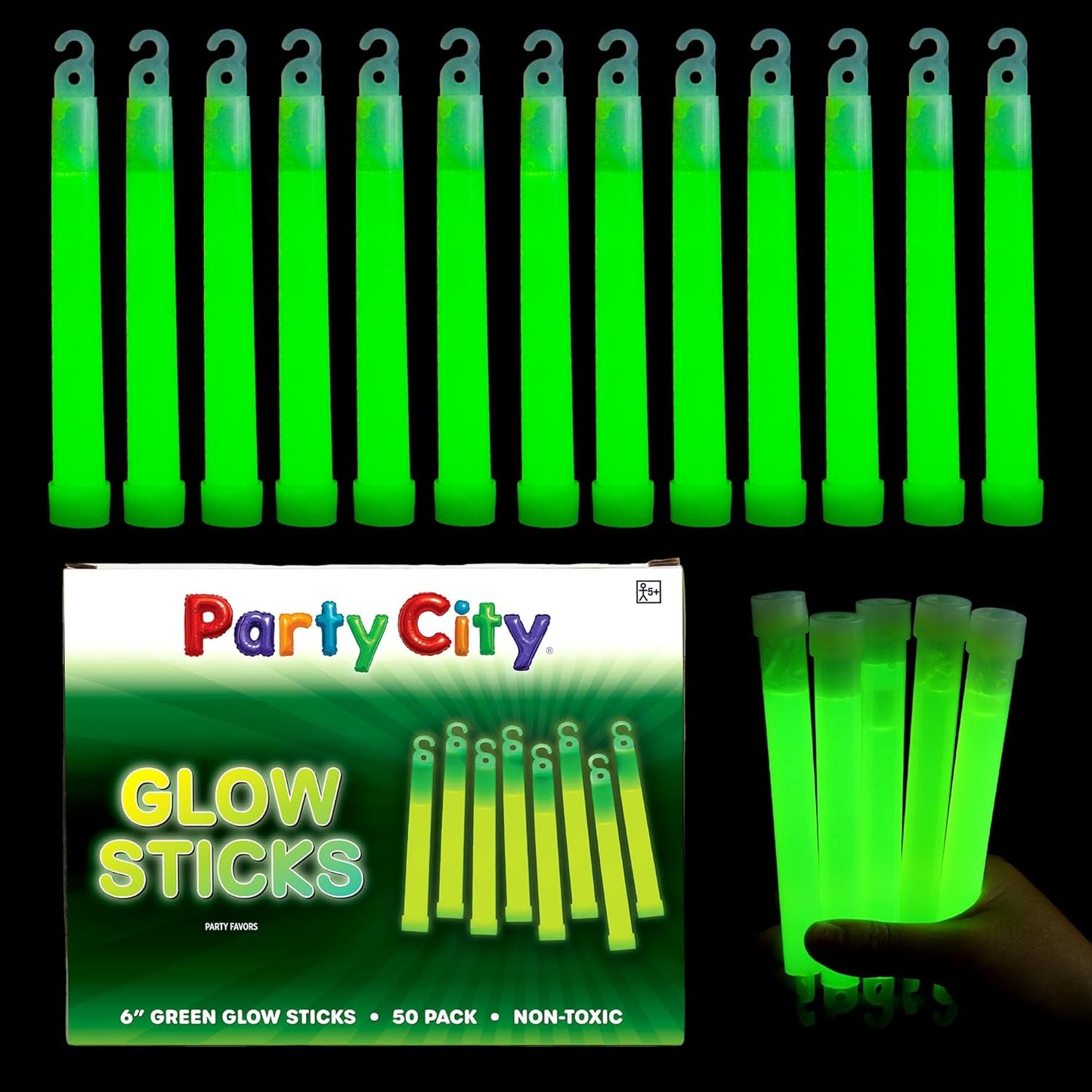 Party City Green Glow Sticks Bulk Pack 6”- 50pk Glow in the Dark Sticks for Kids, Waterproof Camping Survival Ultra Bright Emergency Light Stick with String, Neon Glowsticks Party Supplies Favors