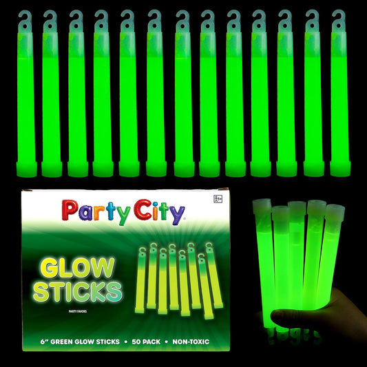 Party City Green Glow Sticks Bulk Pack 6”- 50pk Glow in the Dark Sticks for Kids, Waterproof Camping Survival Ultra Bright Emergency Light Stick with String, Neon Glowsticks Party Supplies Favors