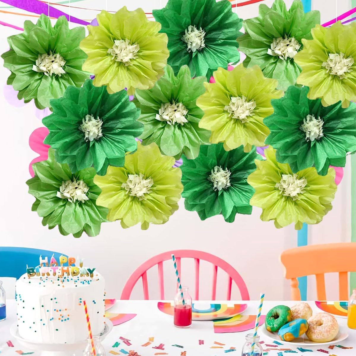 12pcs Paper Flowers 10in 12in Tissue Pom Poms - Hanging Wall Backdrop for Wedding, Party, Birthday, Baby Shower, Nursery Decor - DIY Art Craft Blooms - Green