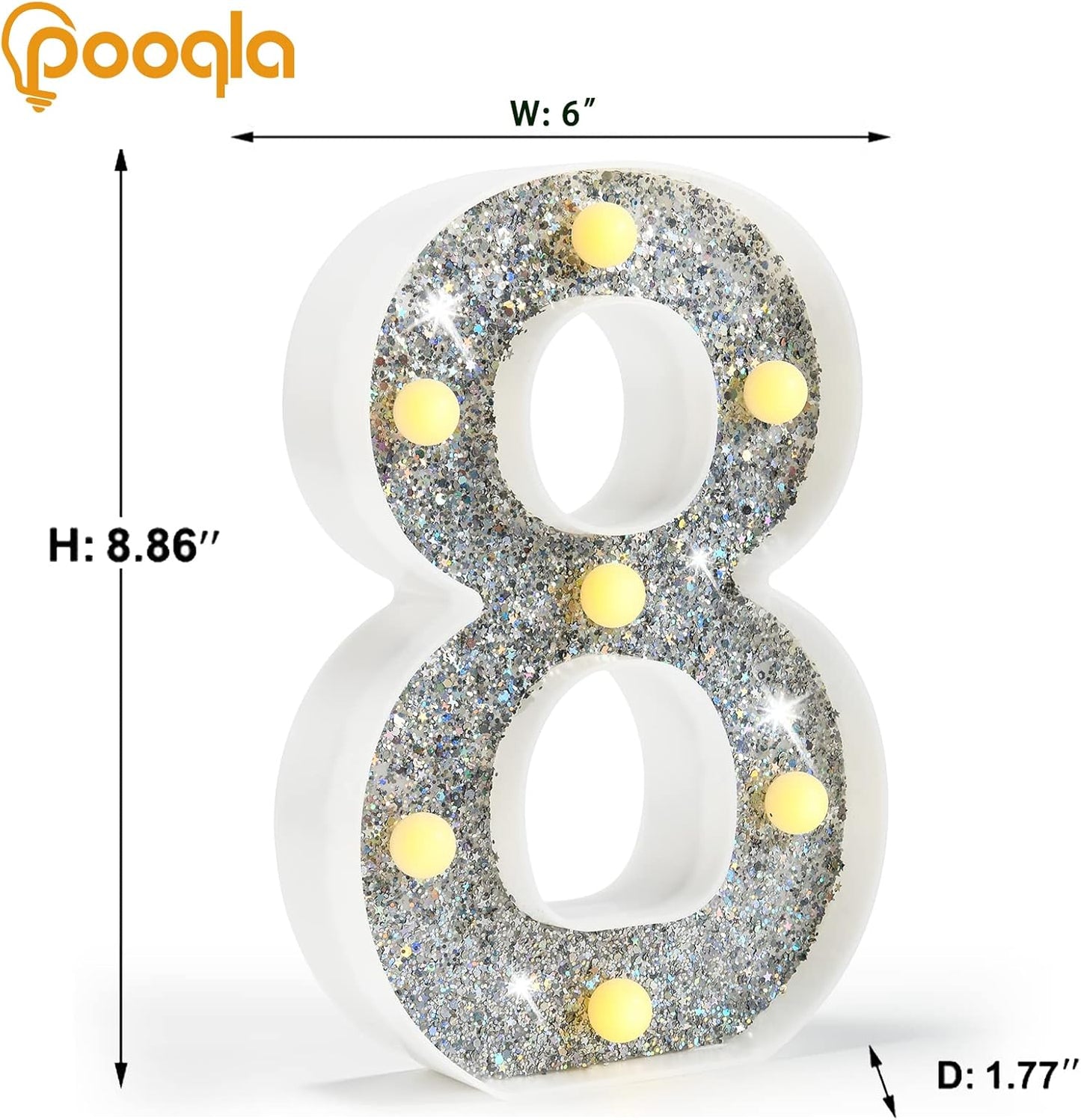 Pooqla Marquee Light up Numbers, Lighted Numbers for 8th Birthday Decorations, Night Light Battery Powered for Silver Party Decorations, Gift for Boys Girls Christmas Wedding Home Room Decoration