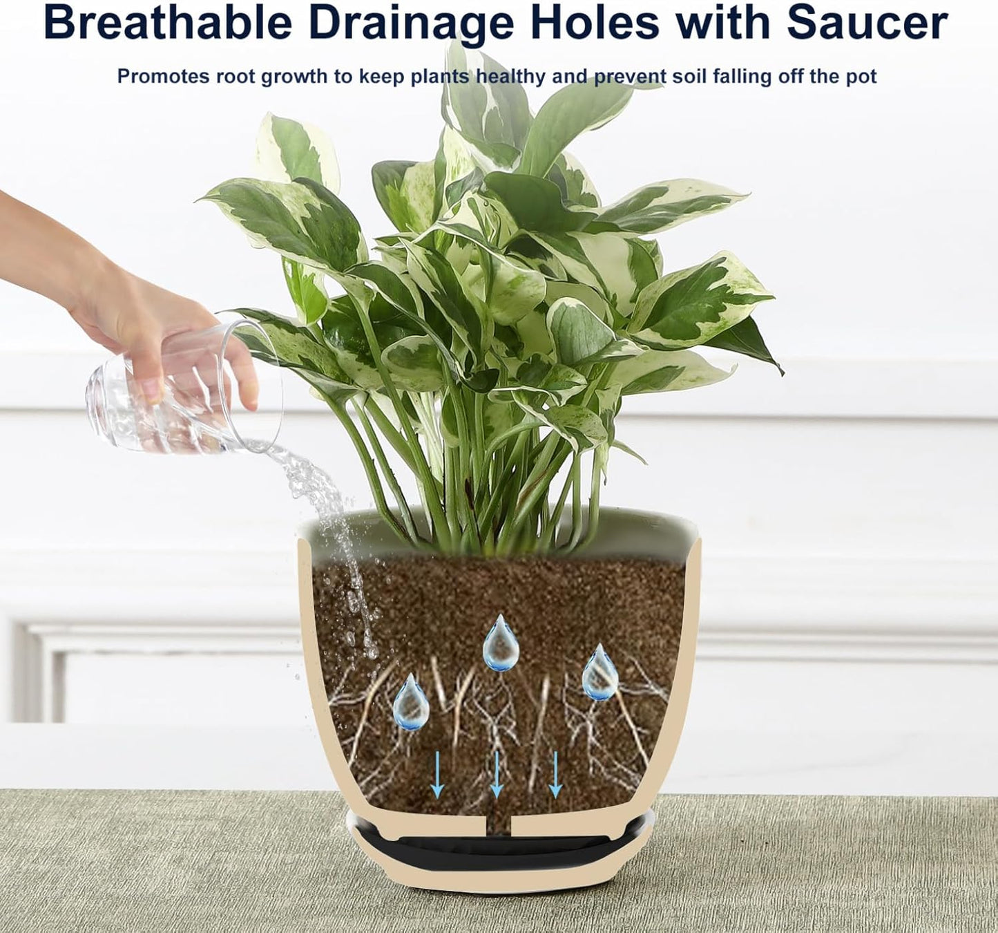 Sureasy Ceramic Indoor Plant Pots - 5.6 Inch Flower Pots for Plants with Drainage Hole and Saucer, Embossed Planter for Succulents, Orchid, Cactus, Indoor Home Decor, Set of 4, White