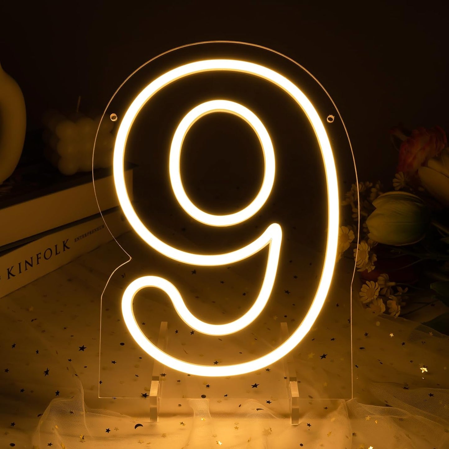 Number 9 LED Neon Sign Backdrop Birthday Party Decoration, 11.3" Height Warm White Marquee Numbers Nine Light Up Sign for Wedding Anniversary Window Wall Table, Indoor Battery Operated or USB