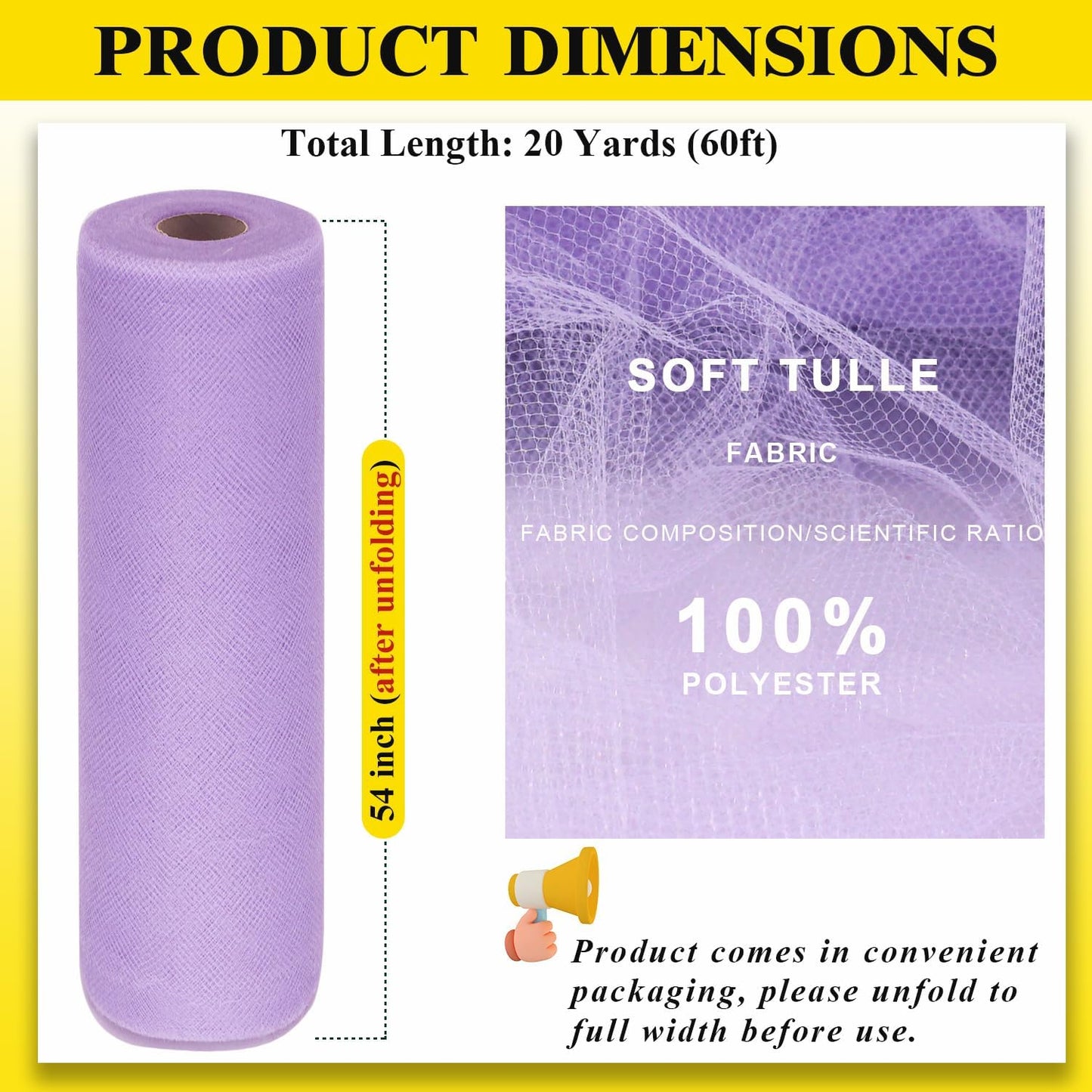 54" by 20 Yards Tulle Fabric Rolls Lavender Ribbon Tutu Spool Bolt for DIY Wedding Decoration Baby Shower Tutu Skirt Gift Wrapping Large Matte Tulle, Roll Packaging (Lavender)