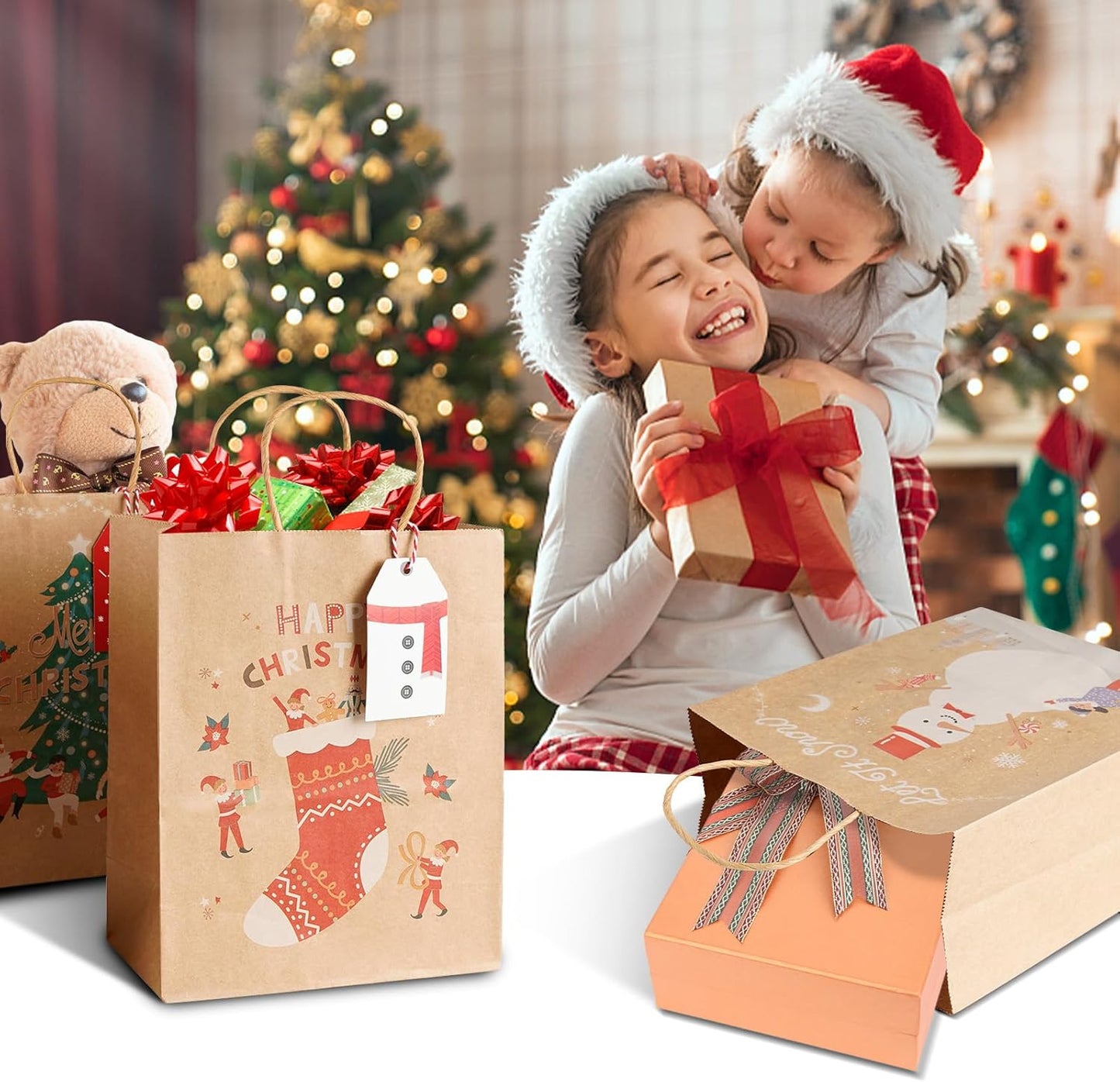 LYLIN 12Pcs Kraft Christmas Gift Bags with Handles, Small Xmas Treat Bags Reusable Gift Bags for Wrapping Gifts, Party Favors and Holiday Decor