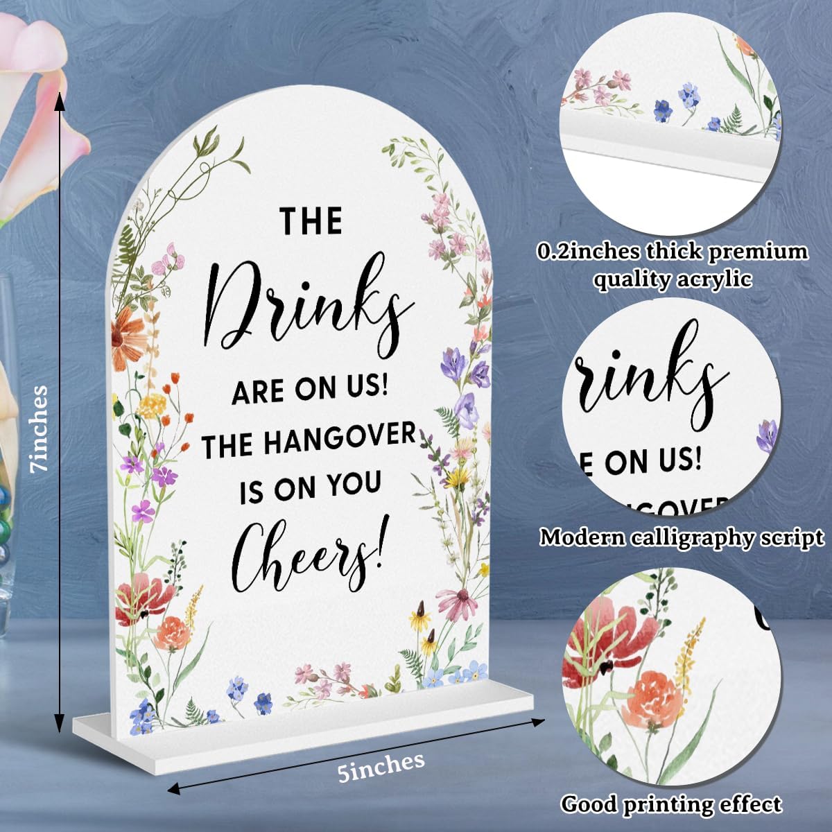 Acrylic Wedding Signs, The Drinks Signs for Marriage Reception, Bridal Shower Decorations, Modern Arched Round Top Acrylic Table Top Sign with Holder for Wedding Party Dinner (White Wildflowers)