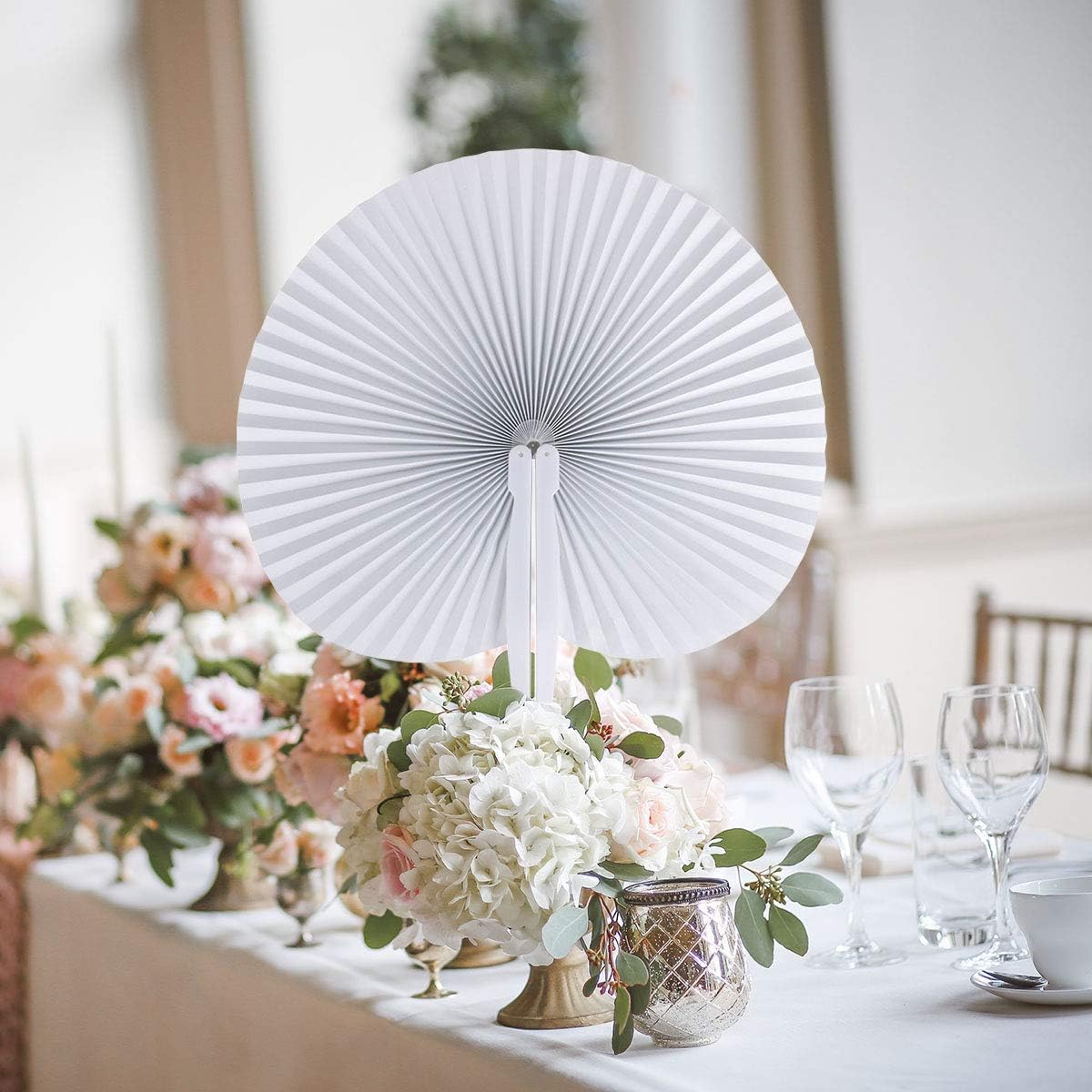 ZWIN 60PCS White Wedding Fans Round Folding Paper Fans Plastic Handle Pocket Fans for Wedding Celebration Birthday Party Favor