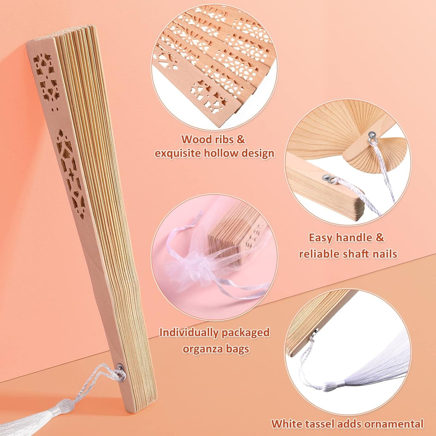 Qunclay 60Pcs Wooden Hand Fans Folding Wedding Fans for Guest Chinese Hollow Pattern with White Tassel and Gift Bag for Wedding Bridal Shower Birthday Party Favors Gift and Home Decor(Delicate Style)