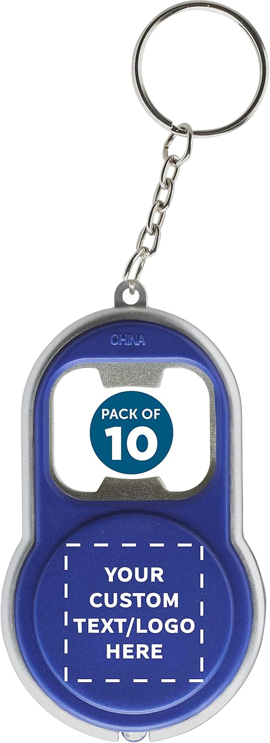 DISCOUNT PROMOS Custom Bottle Opener & LED Keychains Set of 10, Personalized Bulk Pack - Perfect for Tradeshows, Party Favors, Other Events - Blue