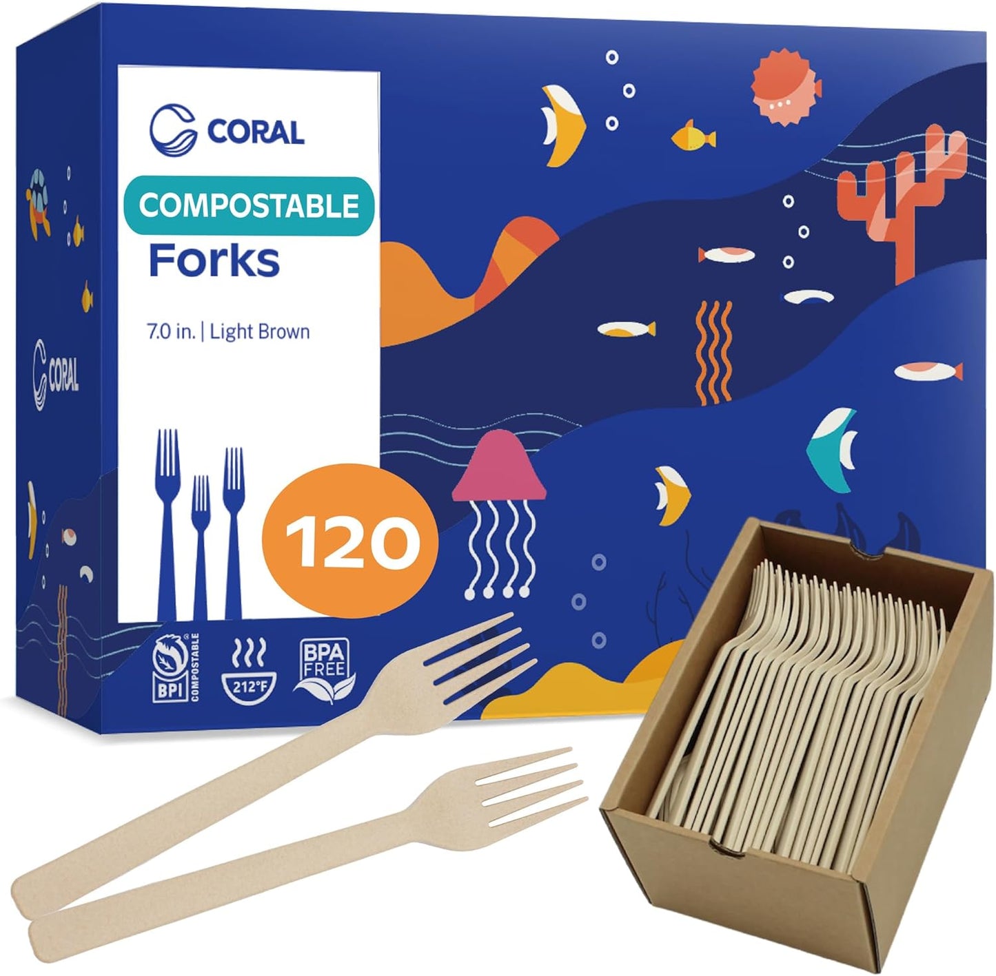 CORAL Light Brown 100% Compostable Forks - 120 Heavy Duty Forks (7.0 inch) - Break Resistant with Smooth Edges, Ocean Friendly Alternative to Plastic Silverware - Biodegradable & Disposable Forks