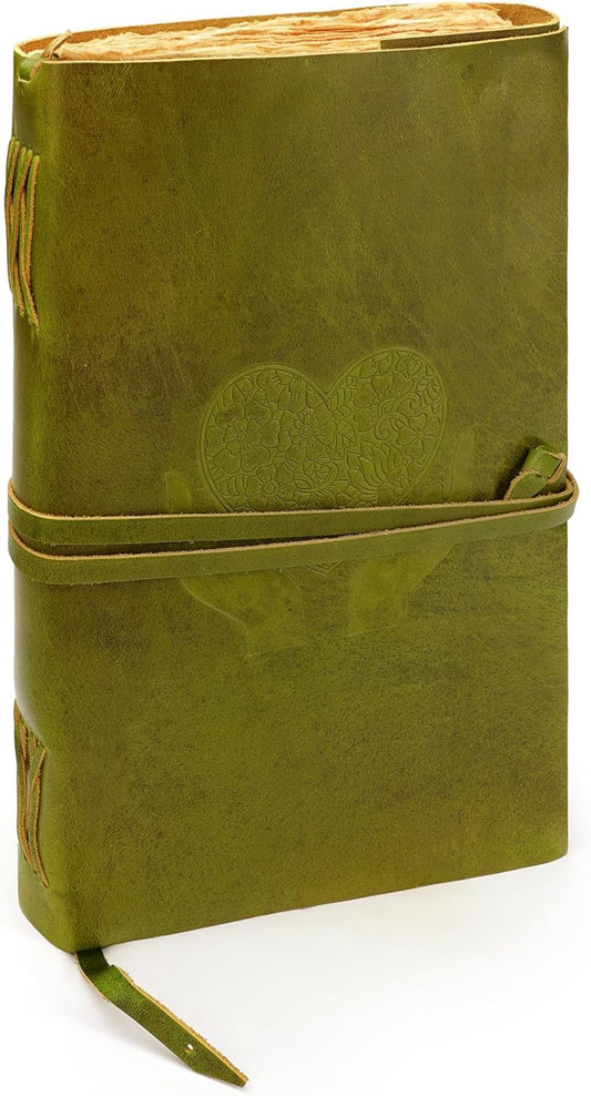 LUXEORIA Heart Journal for Women and Men, Handcrafted Leather Journal for Writing Womens, Sketchbook, Travel Diary with Unlined Deckle Paper, Mint Green 8x13