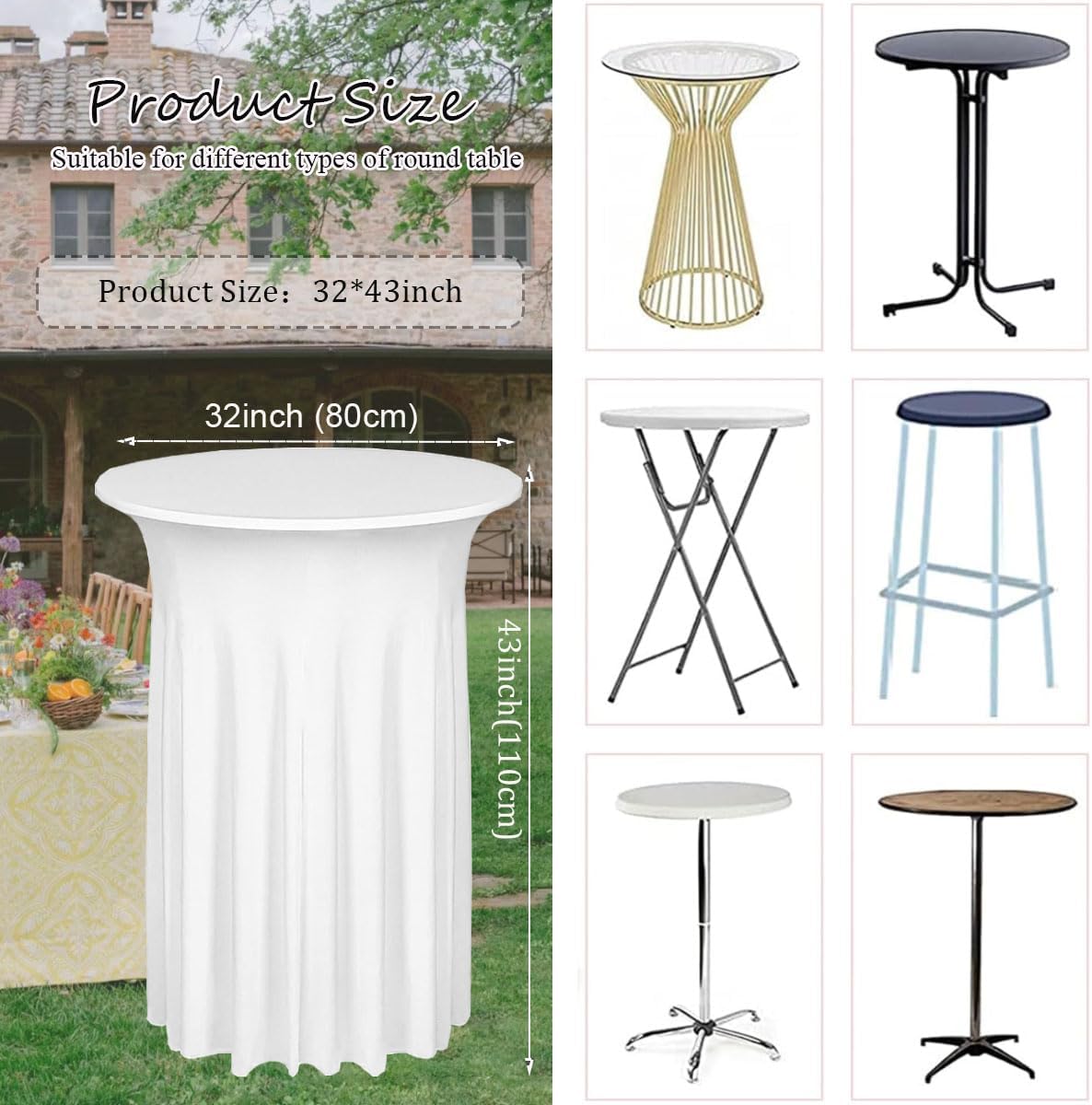 Albassa 4 Pack Cocktail Table Covers 32"x 43" Spandex Stretch Round Cocktail Tablecloths with Wavy Drapes Fitted High Top Bar Table Skirt for Wedding Party Banquet (White, 4 PCS)