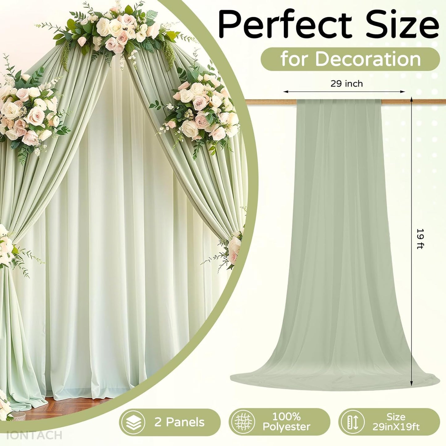 Wedding Arch Draping Fabric 29" x 19Ft Sheer Drapes for Backdrop Wedding Ceremony Reception Ceiling Decor Curtain Baby Bridal Shower Decoration (Sage Green, 2 Panels)