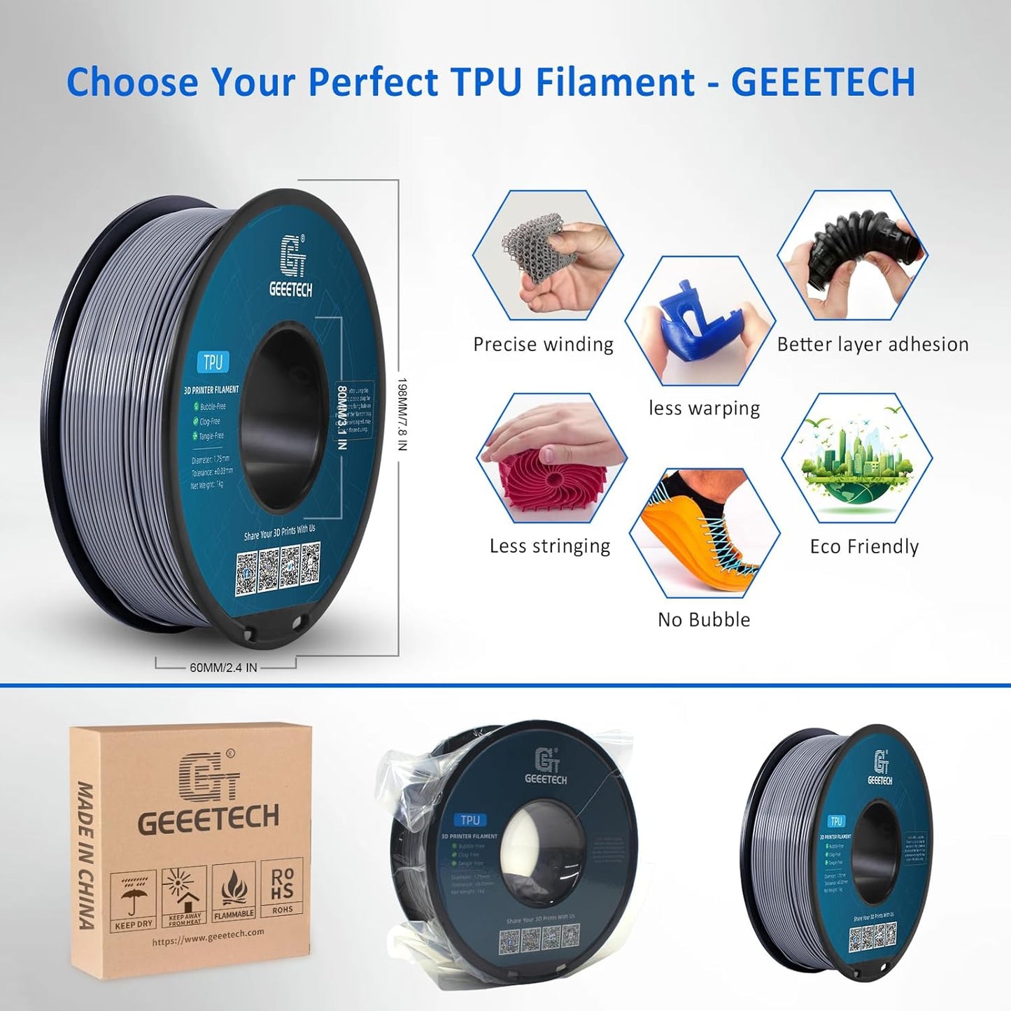 Geeetech TPU Filament 1.75mm, Shore 95A Flexible 3D Printer Filament with High Elasticity, 1KG (2.2lbs) Spool, Dimensional Accuracy ±0.03mm, Fits Most FDM Printers (Clear Silver)