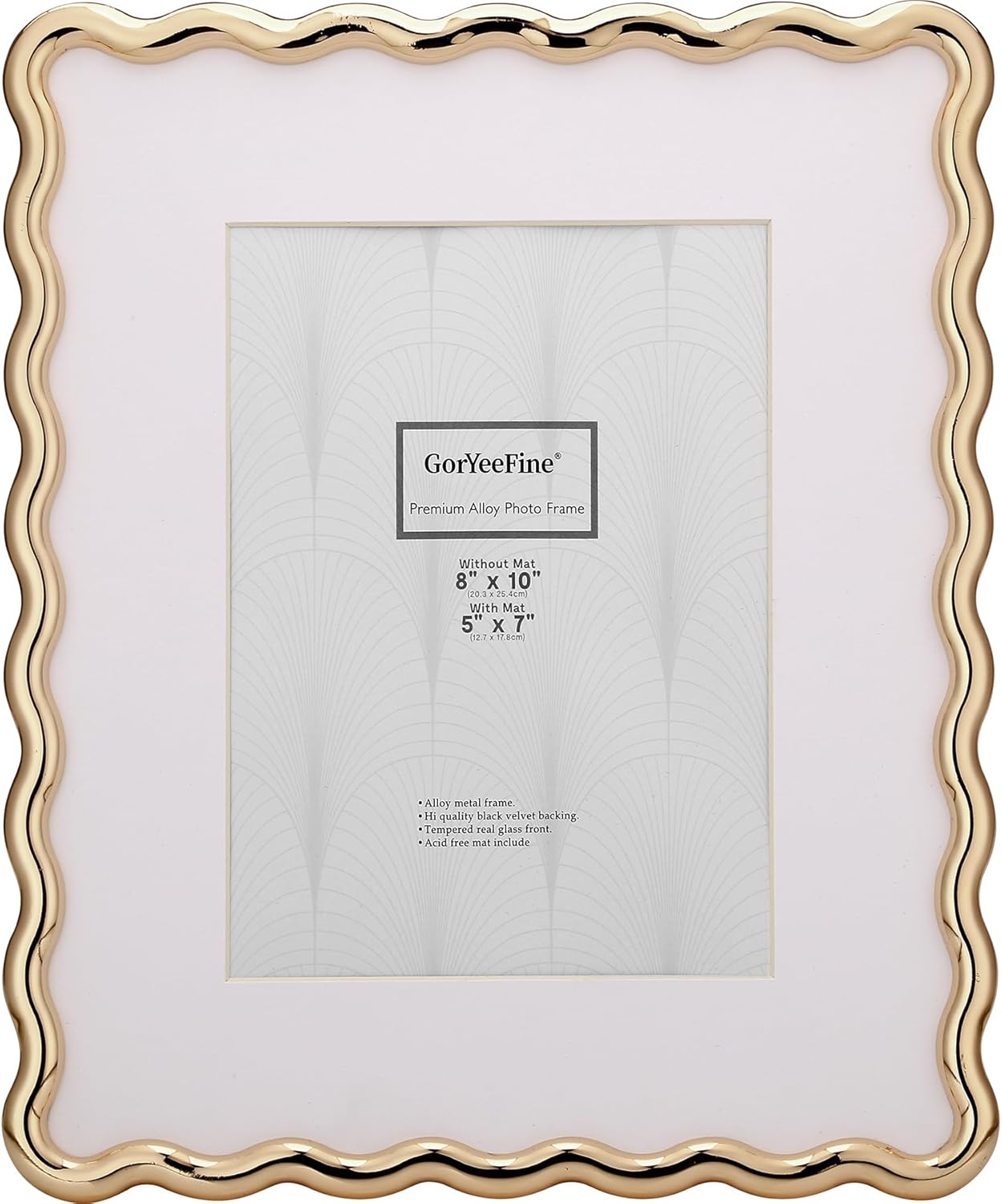 8 x 10'' Heavy-Duty Zinc Alloy Gold Photo Frames with Acid Free Mat for 5x7'',Wave Design Gold Picture Frame 8x10'' with Black Velvet Back