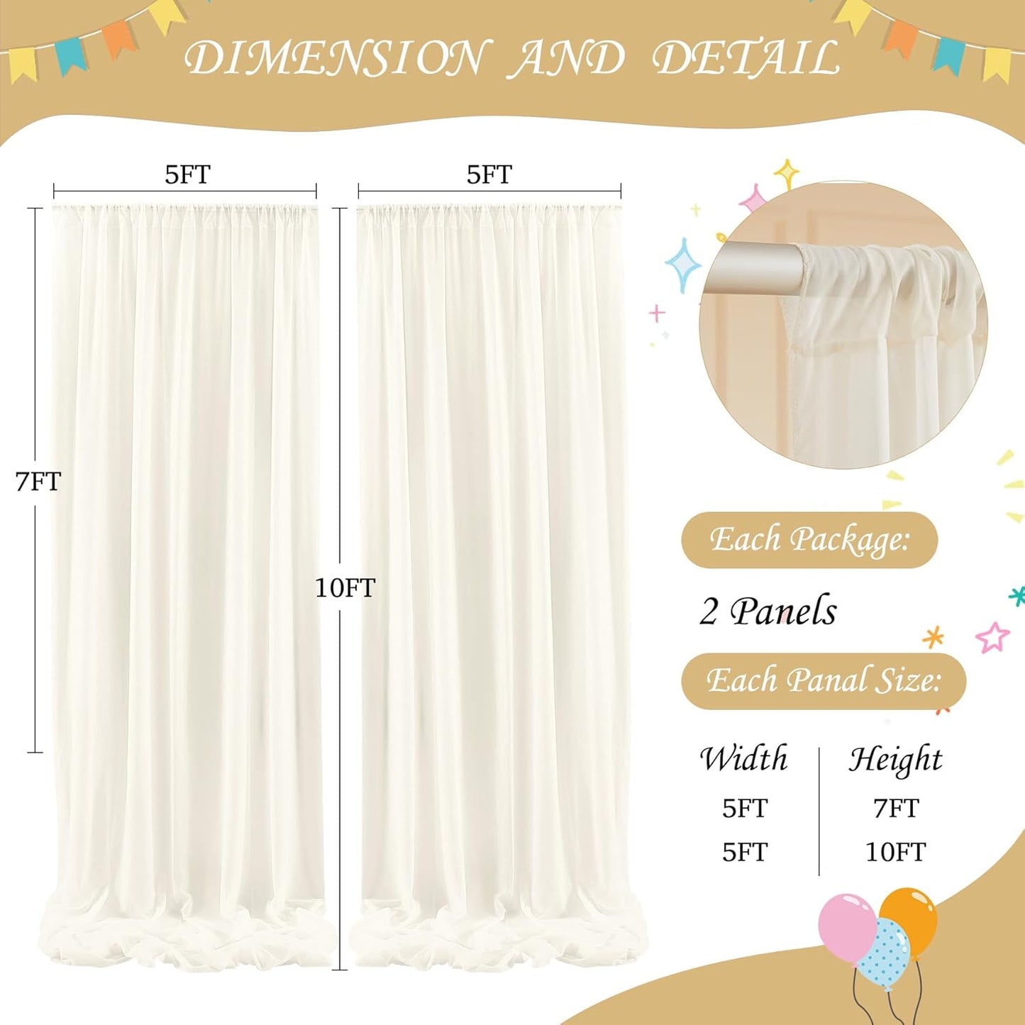 10ft x 7ft Ivory Chiffon Backdrop Curtain with Lights String for Parites Wedding Wrinkle Free Curtain Photo Backdrops Drapes for Baby Shower Birthday Party Home Decorations