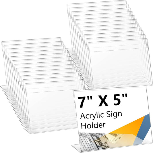 Vicenpal 60 Pcs 7x5 Inch Clear Acrylic Sign Holder Plastic L-shape Vertical Menu Stand, Picture Photo Frames, Table Paper Holder, Flyer Sign Display Stand for Restaurants, Store, Office, Wedding